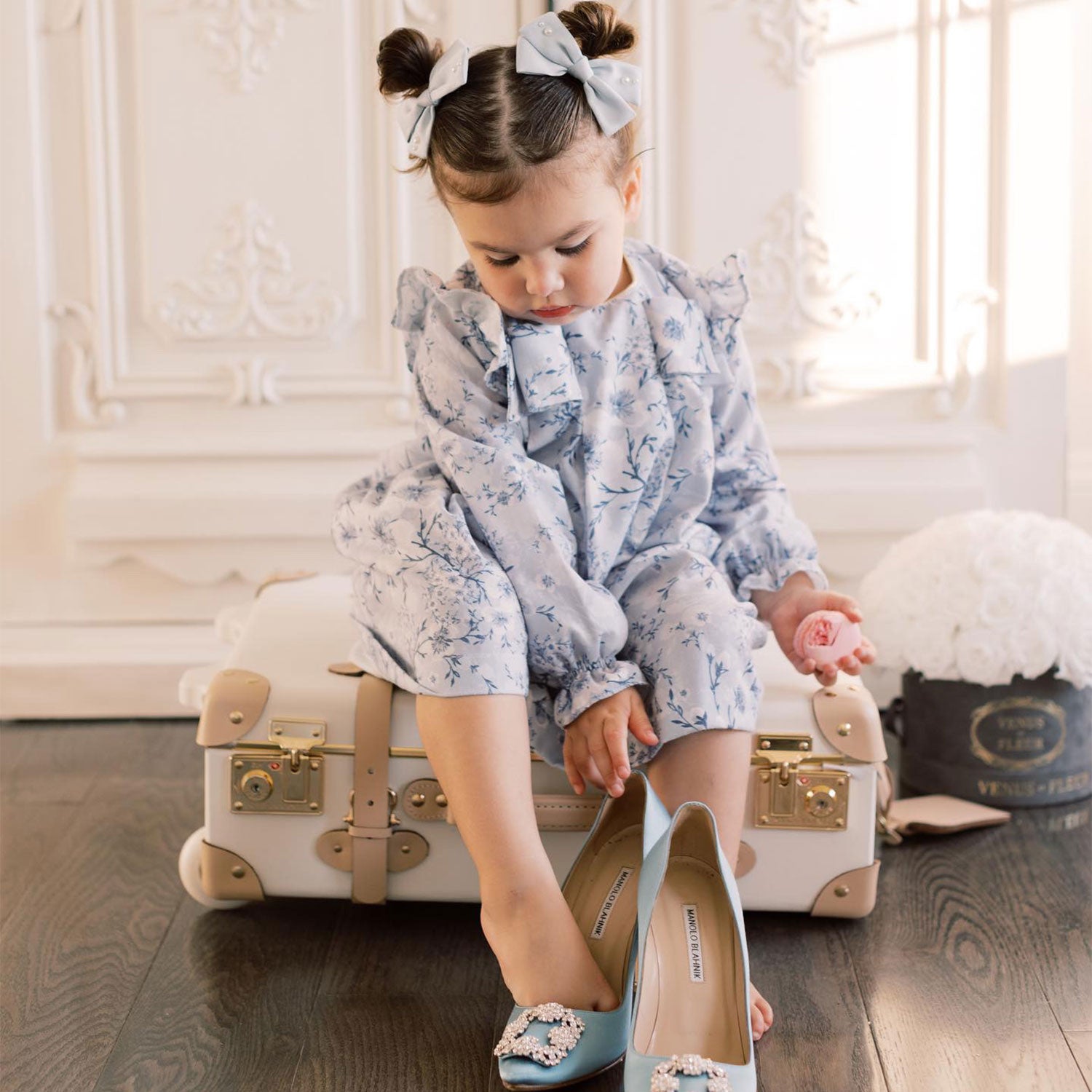 girl wearing toddler girl blue dress