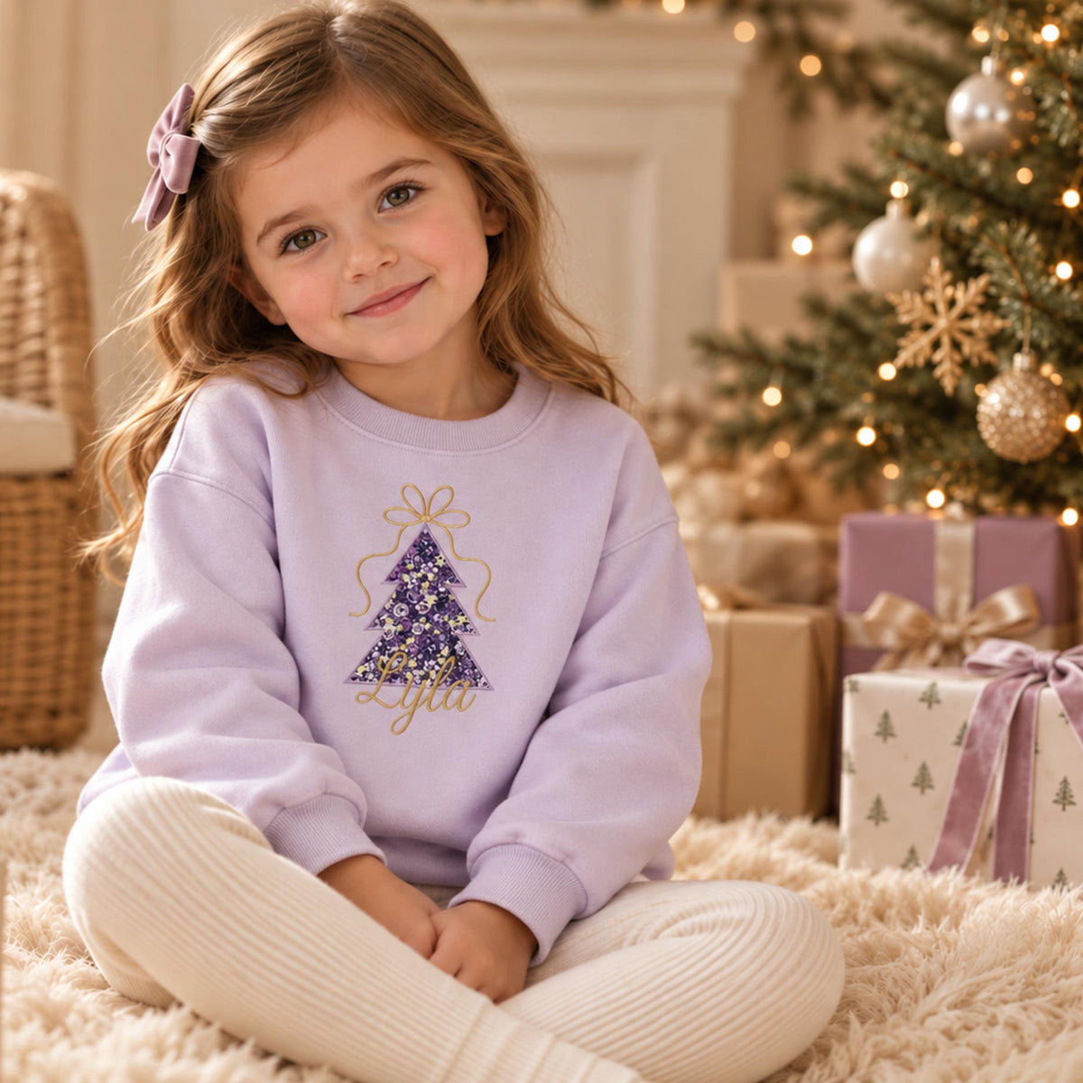 Girl sitting by a Christmas tree and presents wearing a lilac Liberty Christmas tree jumper with gold bow and personalised name.