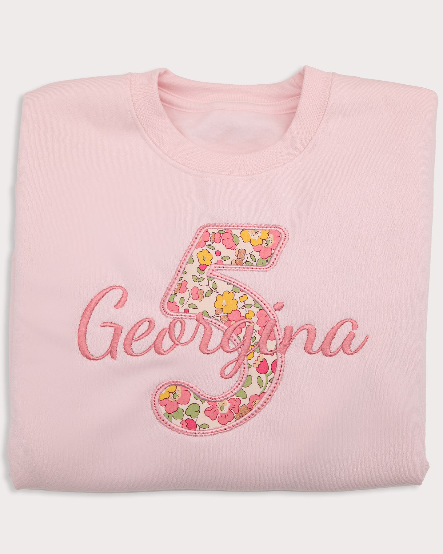 pink 5th birthday sweatshirt with liberty of London appliqué