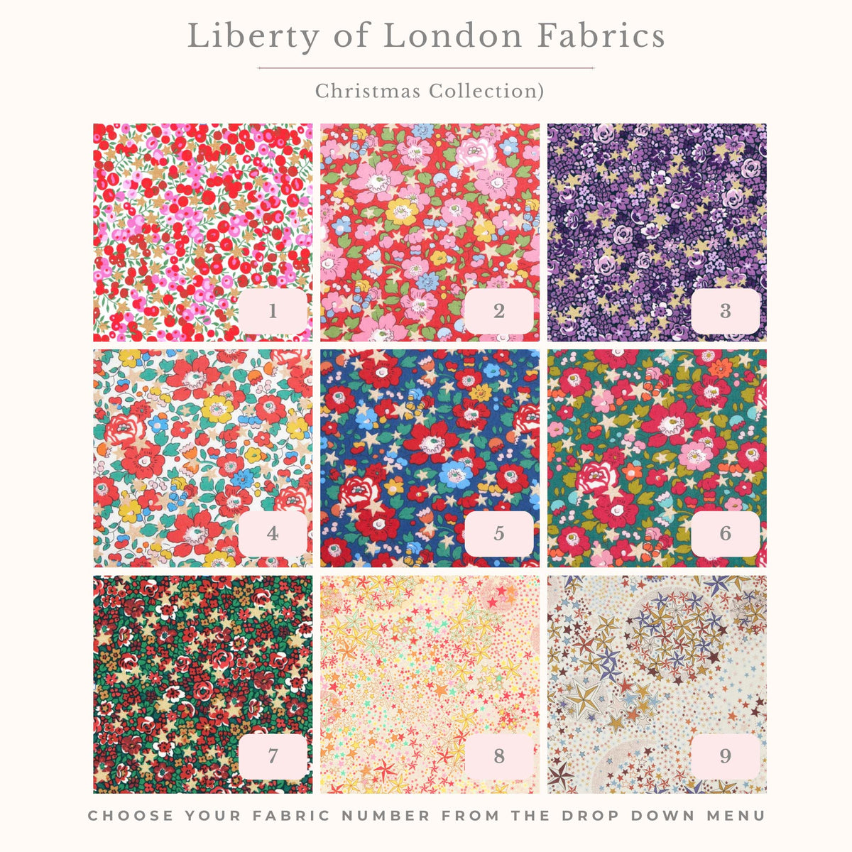 Selection of nine Liberty London fabrics available for personalised Christmas appliqué jumpers.
