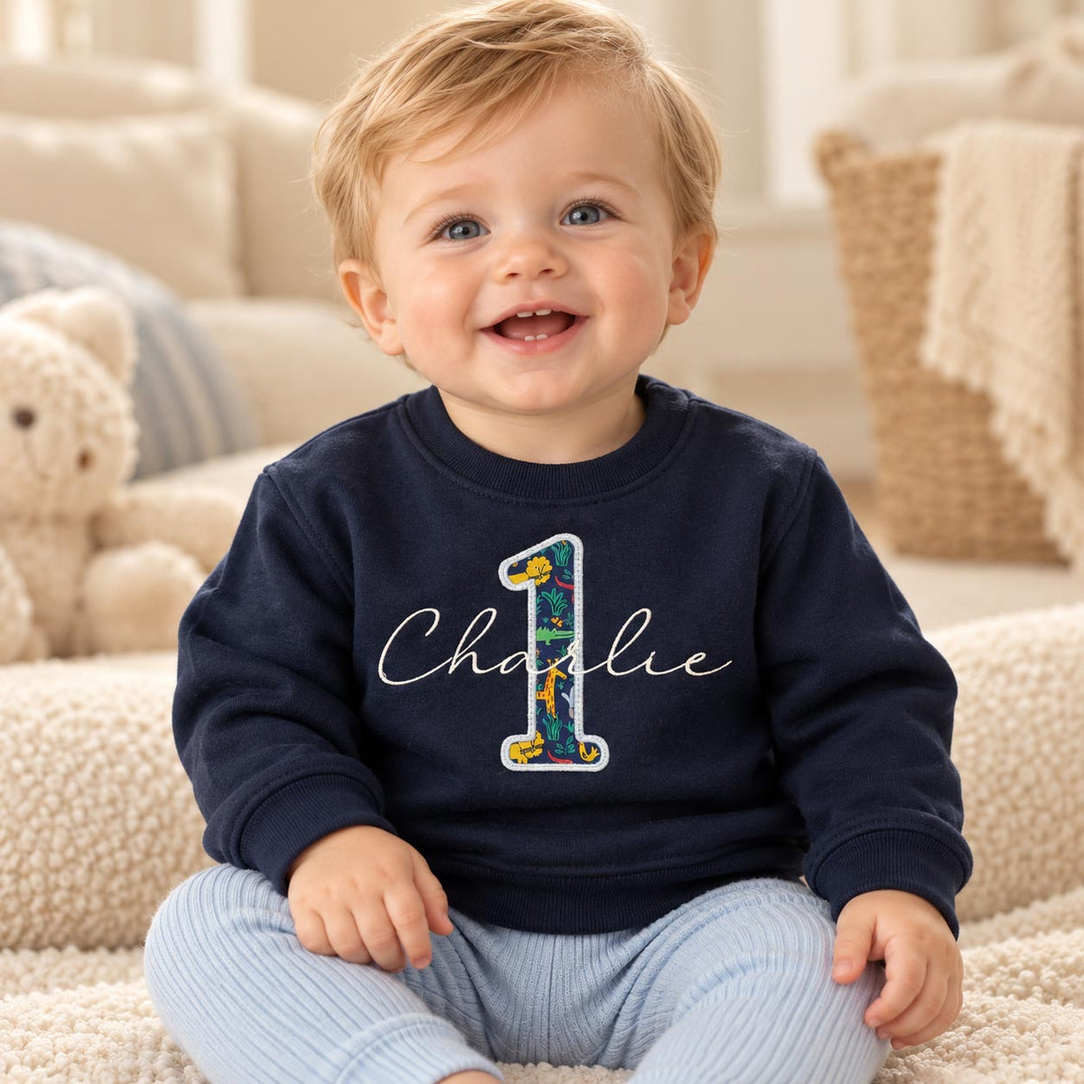 Personalised Liberty First Birthday Jumper – Script Name Across Number