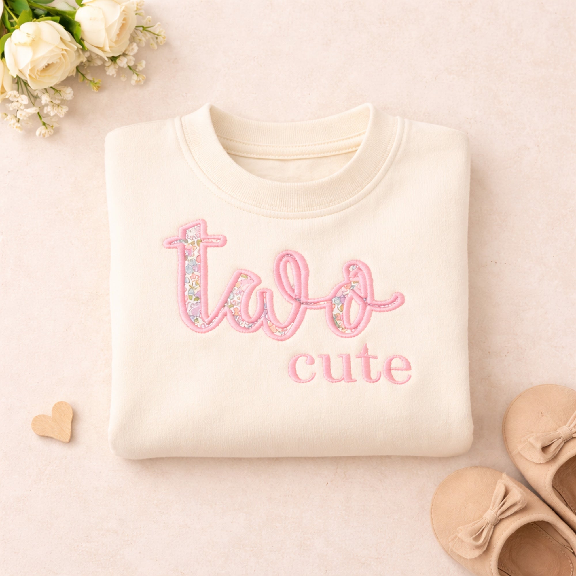 White sweatshirt with 'two cute' text on a light pink background with flowers and shoes.