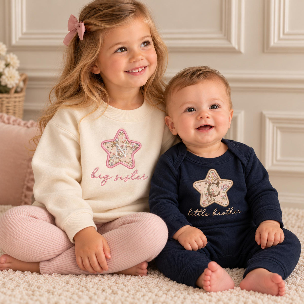 Personalised Unisex Sibling Outfits – Liberty Star Sweatshirt & Baby Romper Set