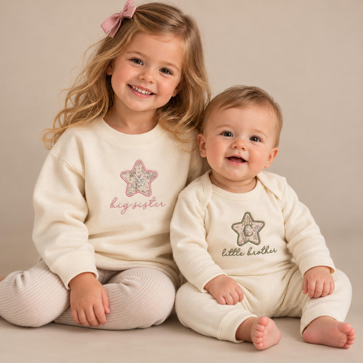 Personalised Unisex Sibling Outfits – Liberty Star Sweatshirt & Baby Romper Set