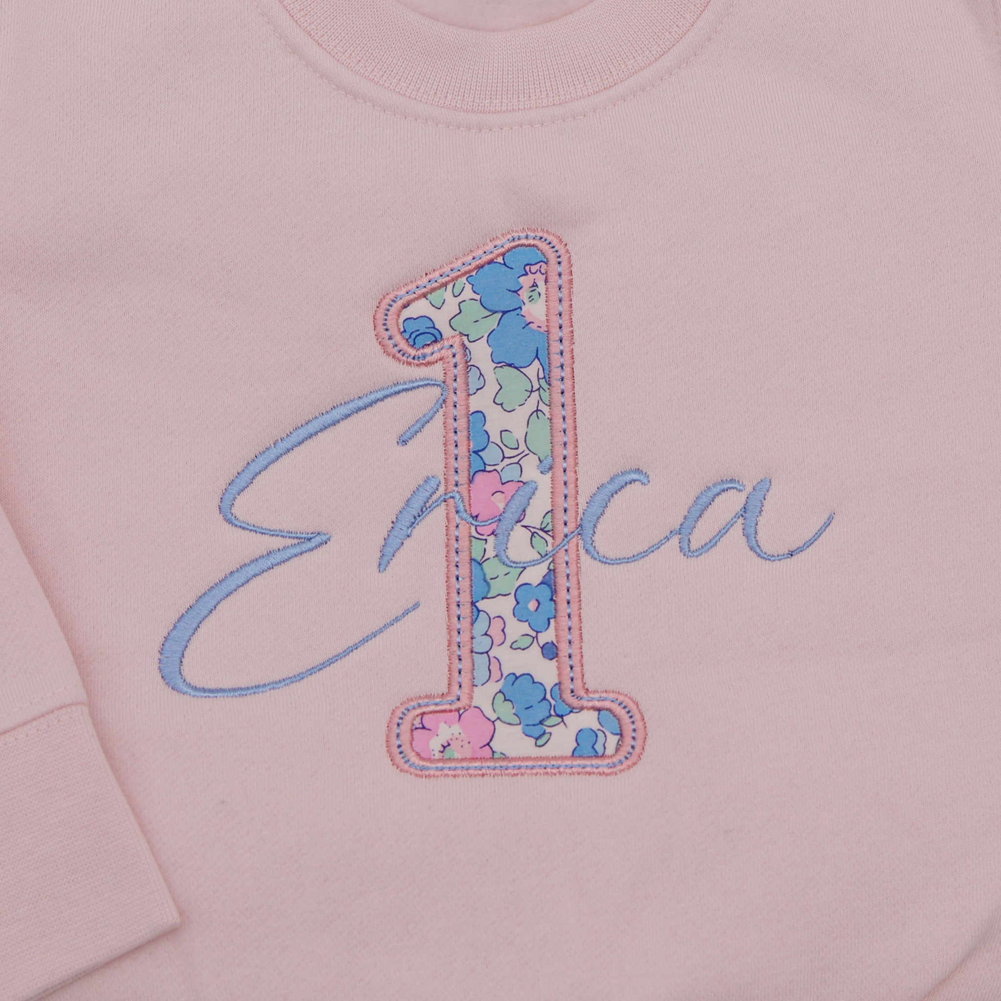 Personalised 1st Birthday Sweatshirt – Liberty London Appliqué Name Jumper | Baby First Birthday Outfit | Fifi & Finn
