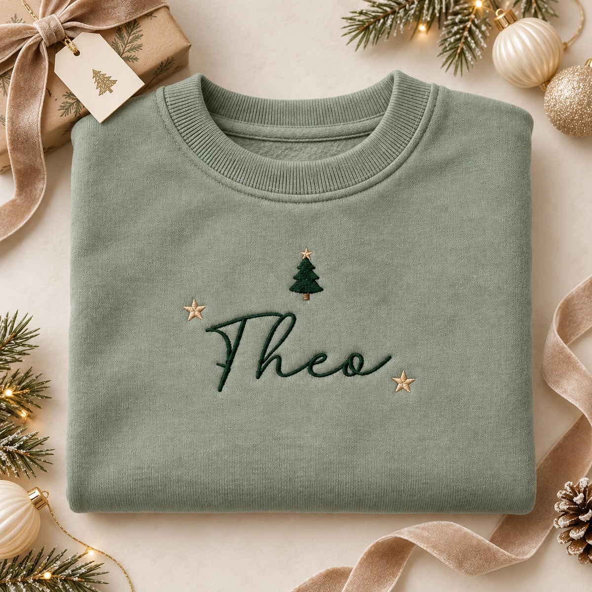 Personalised Mini Christmas Tree Jumper – Embroidered Name & Stars