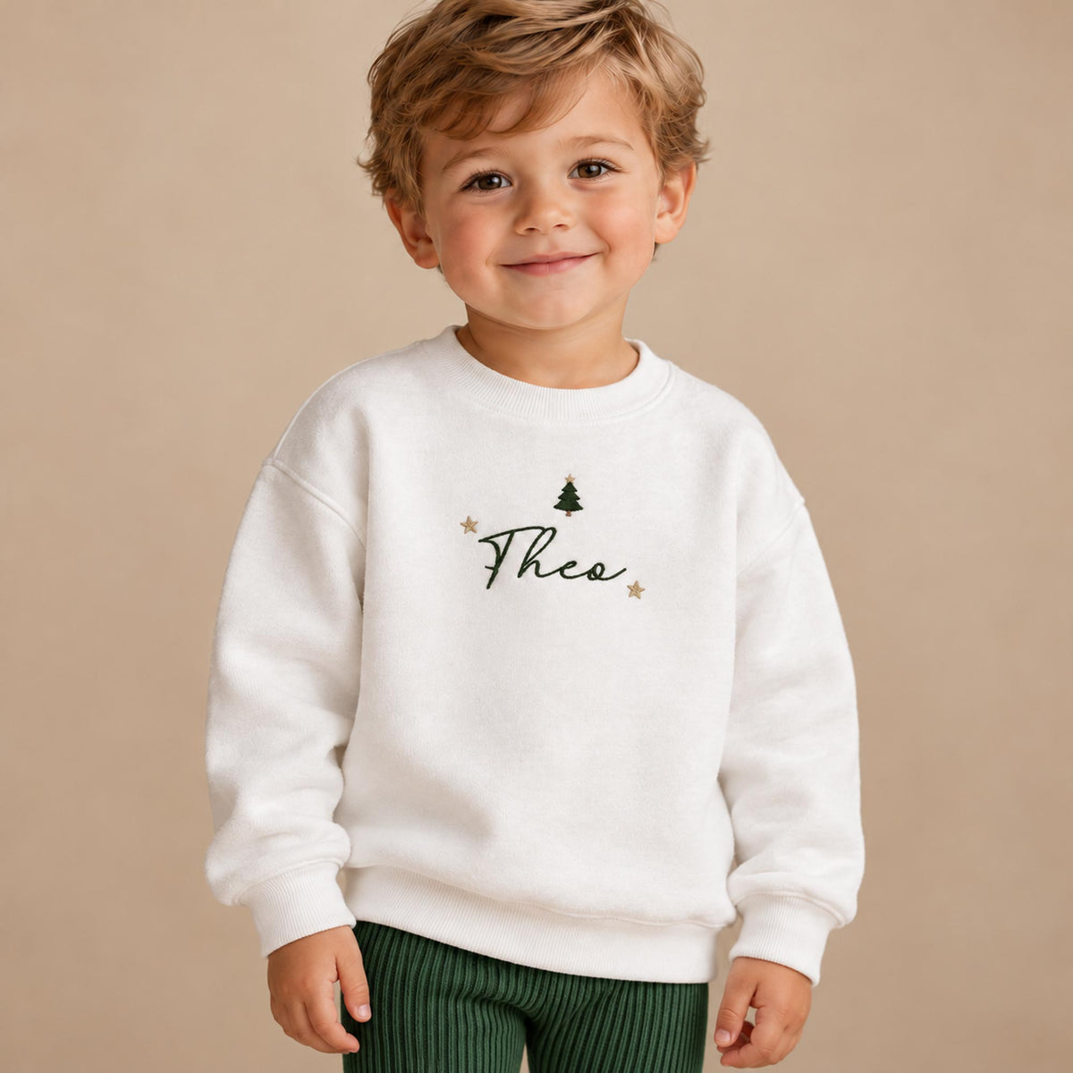 Personalised Mini Christmas Tree Jumper – Embroidered Name & Stars