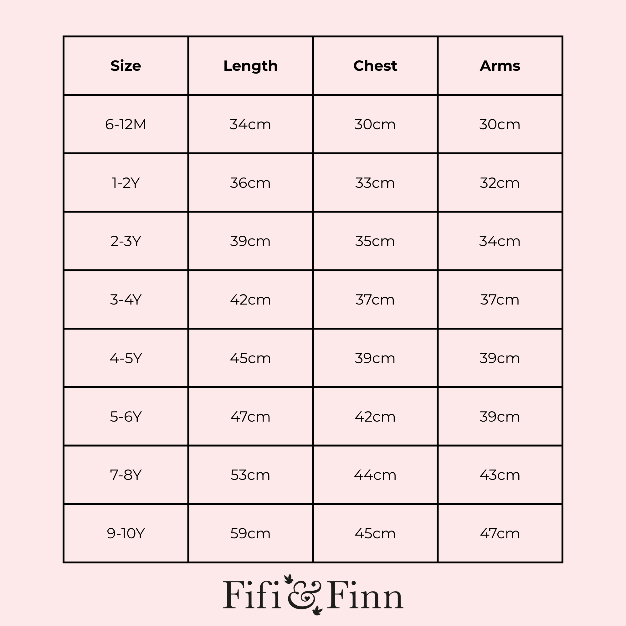 Size chart for children's clothing with measurements in centimeters, branded as Fifi & Finn.