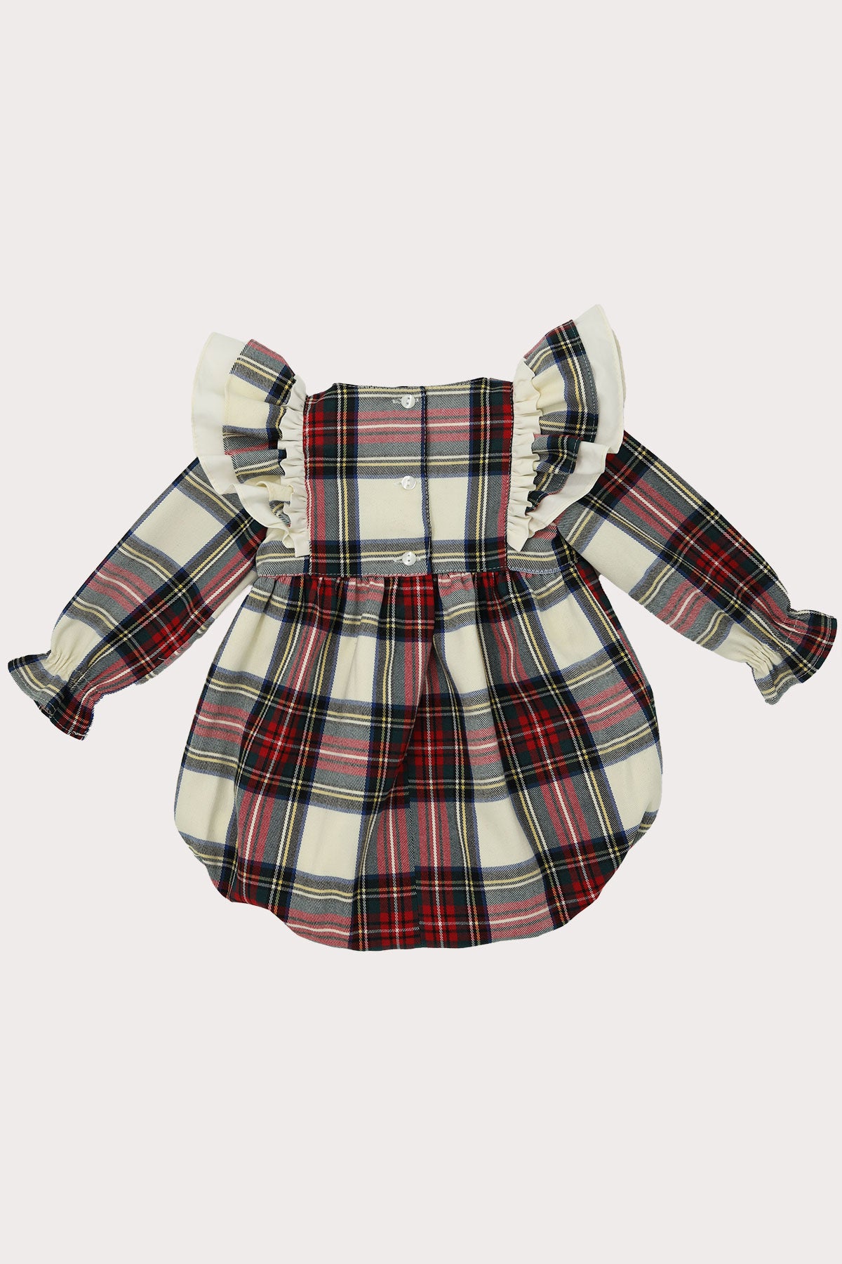 back of tartan frill shoulder baby girl romper