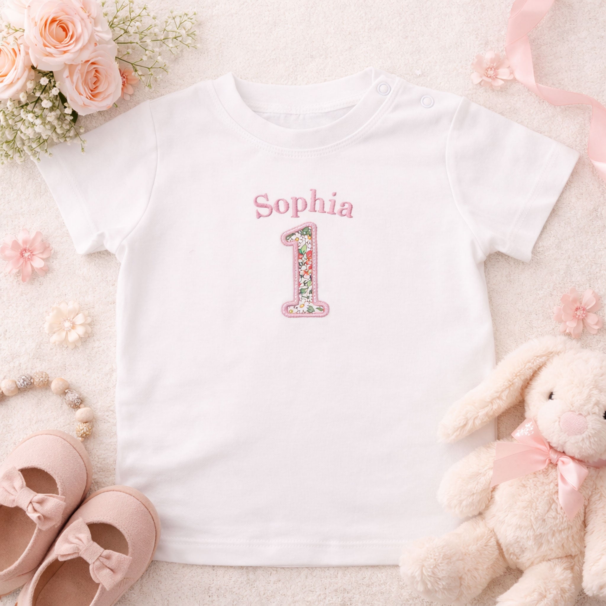 Personalised Liberty First Birthday T-Shirt – Classic Name & Number