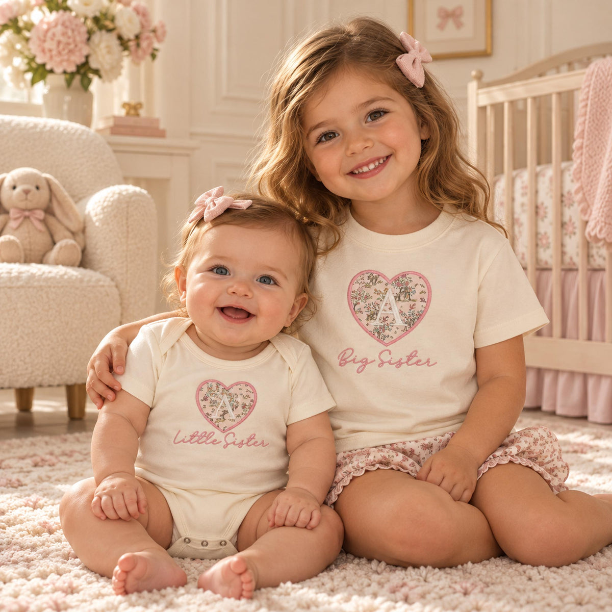 Siblings in matching oat big sister t-shirt and little sister bodysuit with Liberty fabric hearts