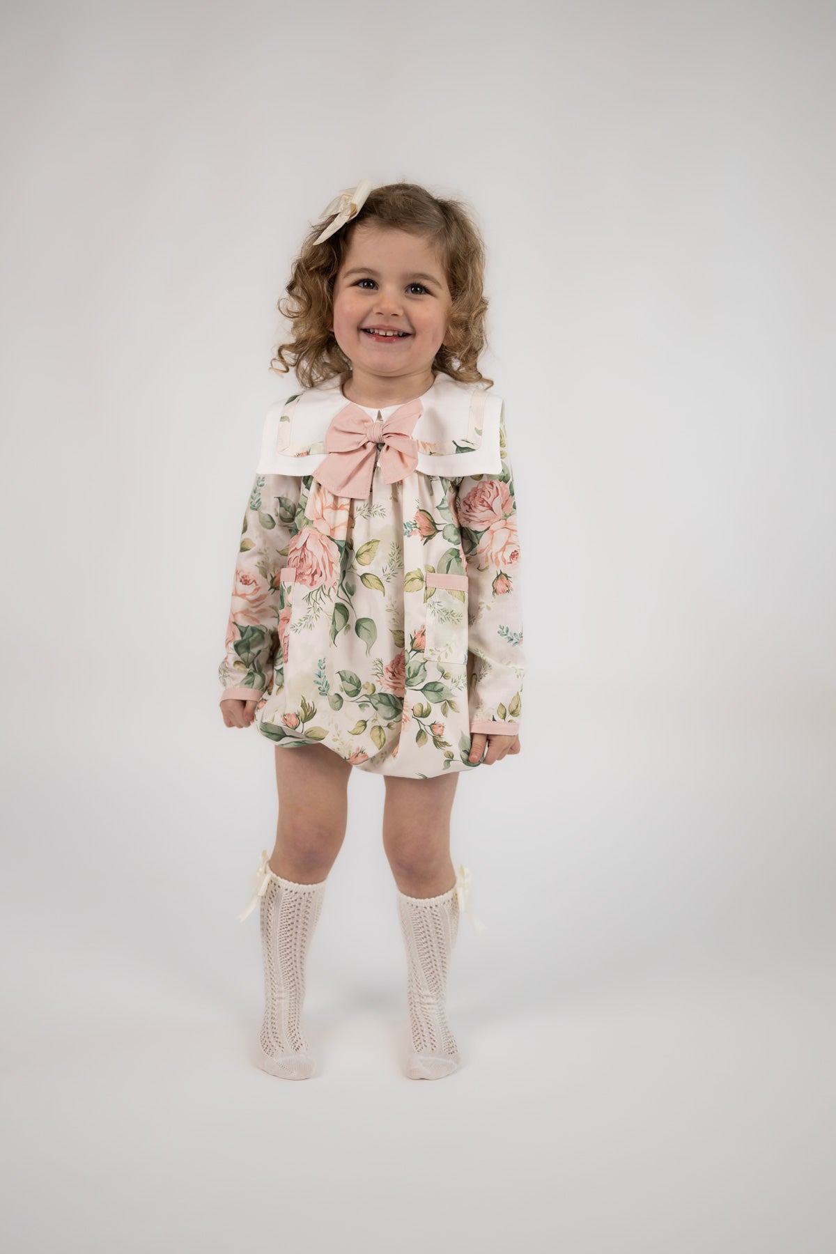 Floral Sailor Collar Girls Romper (6M, 9M, 12M)