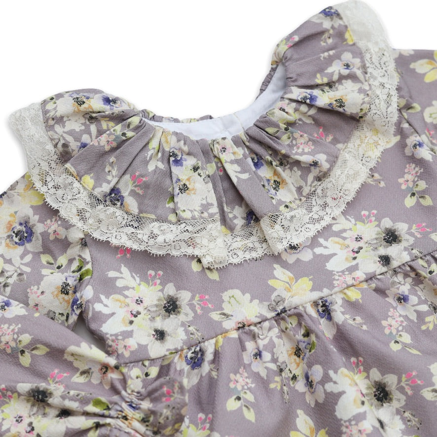 lilac floral baby girl romper with lace edge frill collar