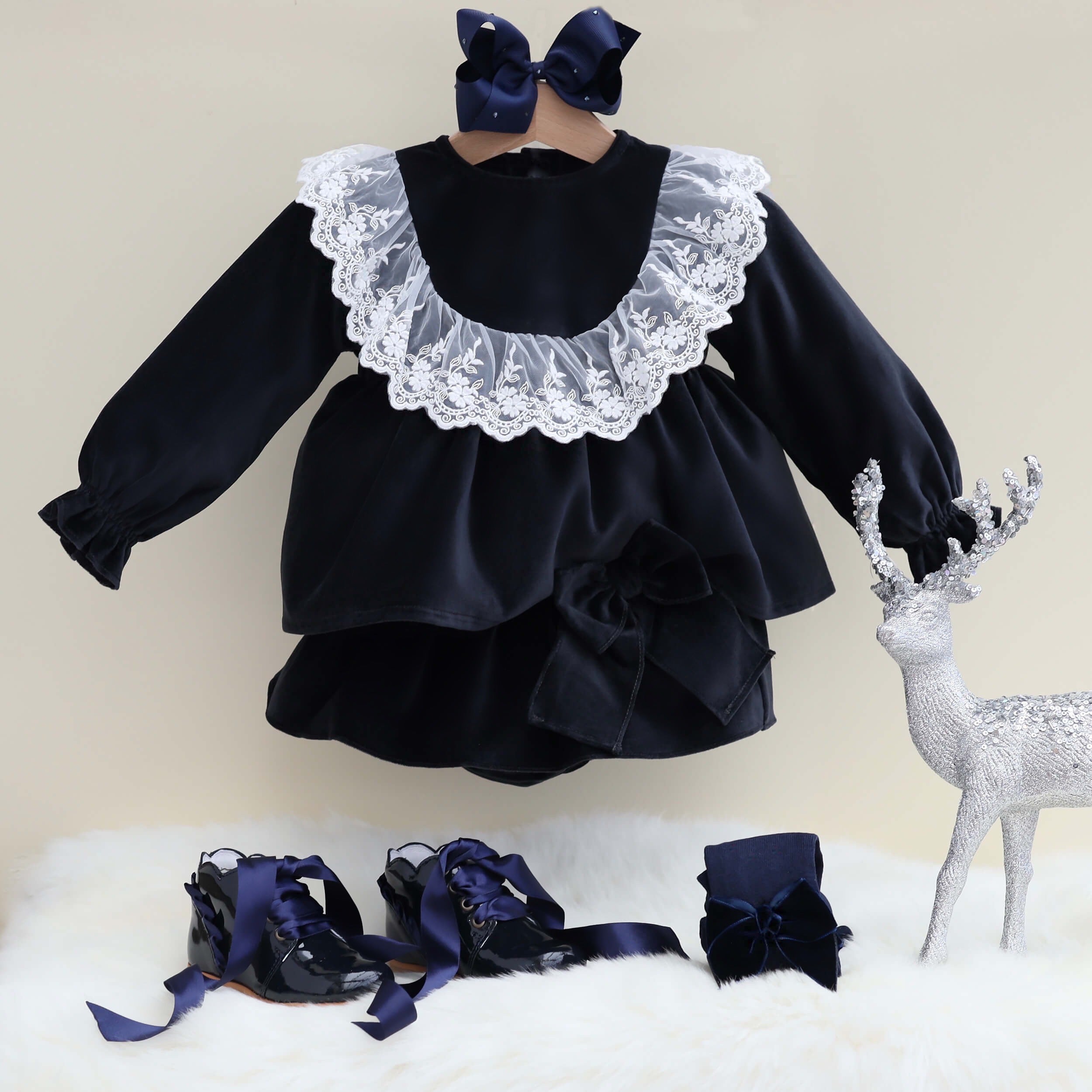 navy velvet baby set with lace frill and baby bloomer