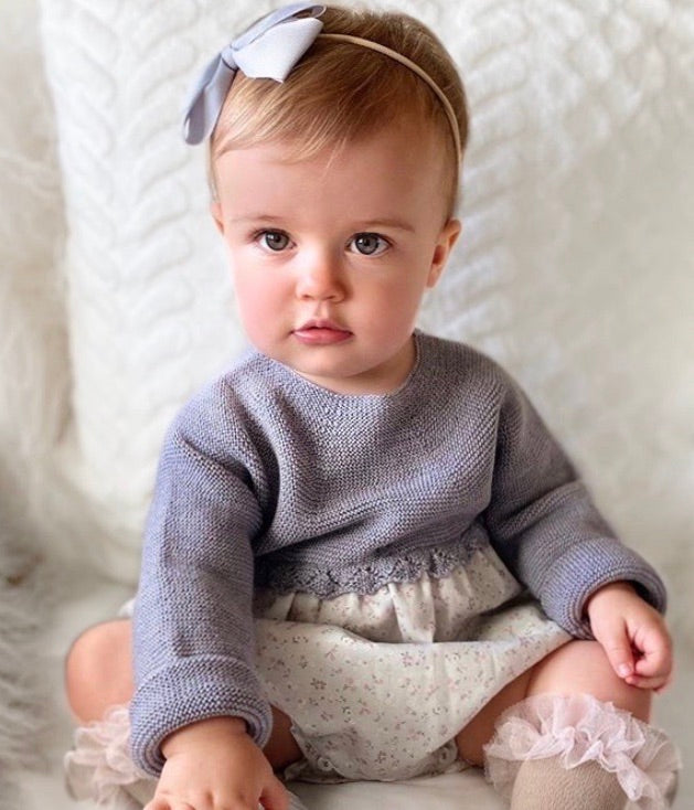 baby girl wearing grey Wedoble baby romper, made in portugal