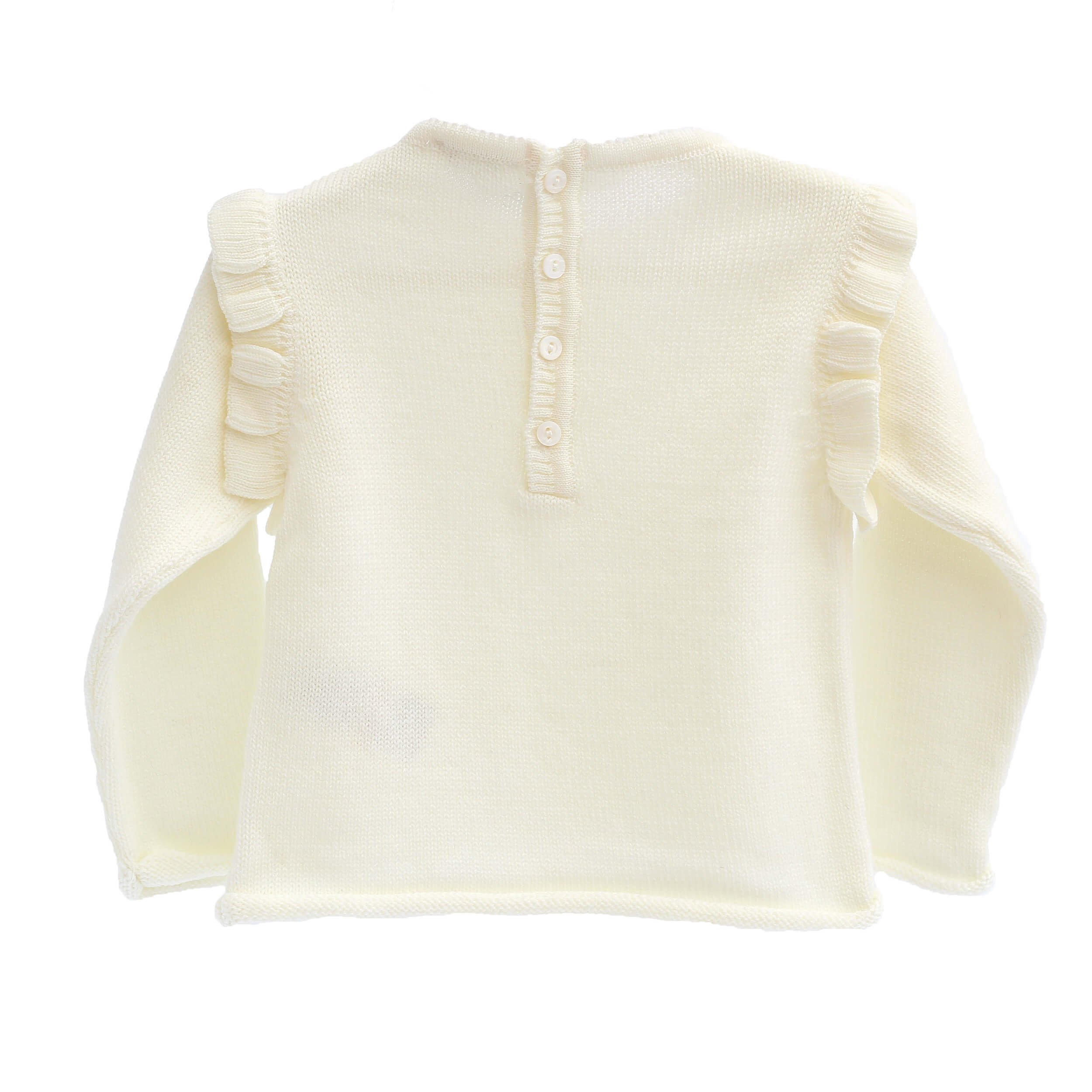 back of wedoble wool baby sweater, made in portugal