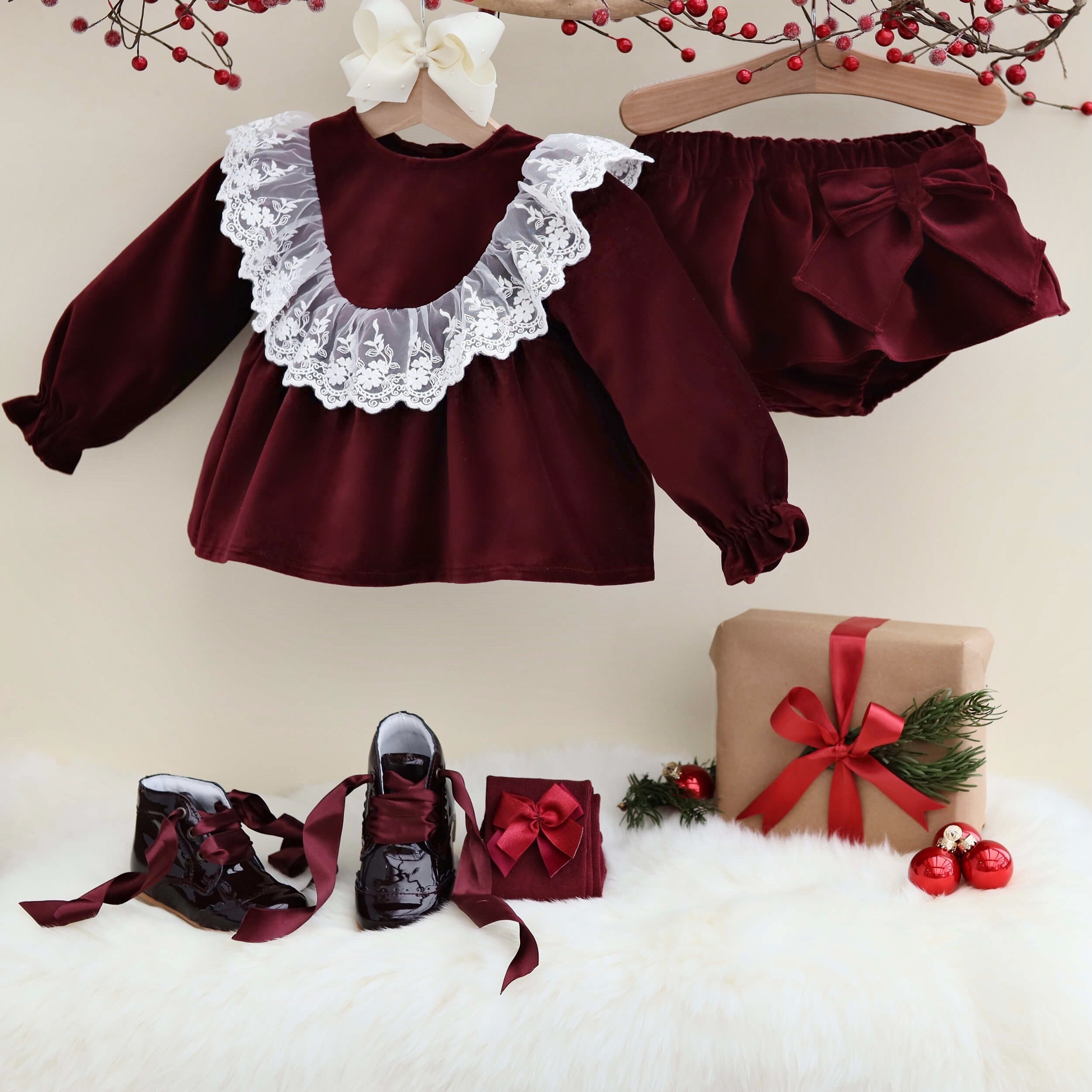 velvet baby set in burgundy, with a matching velvet baby blooomer