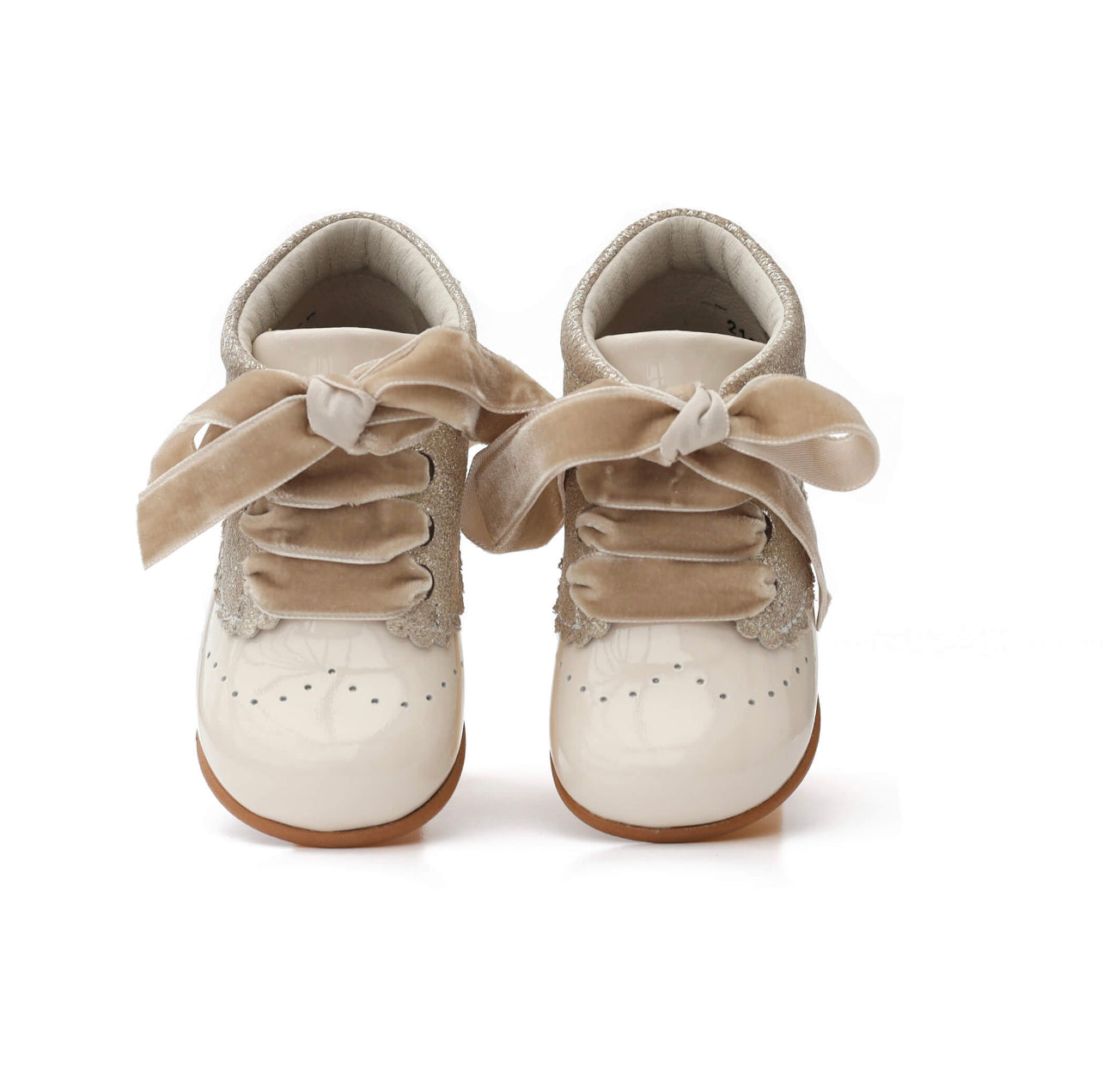 ivory and gold leather girls boots with velvet laces