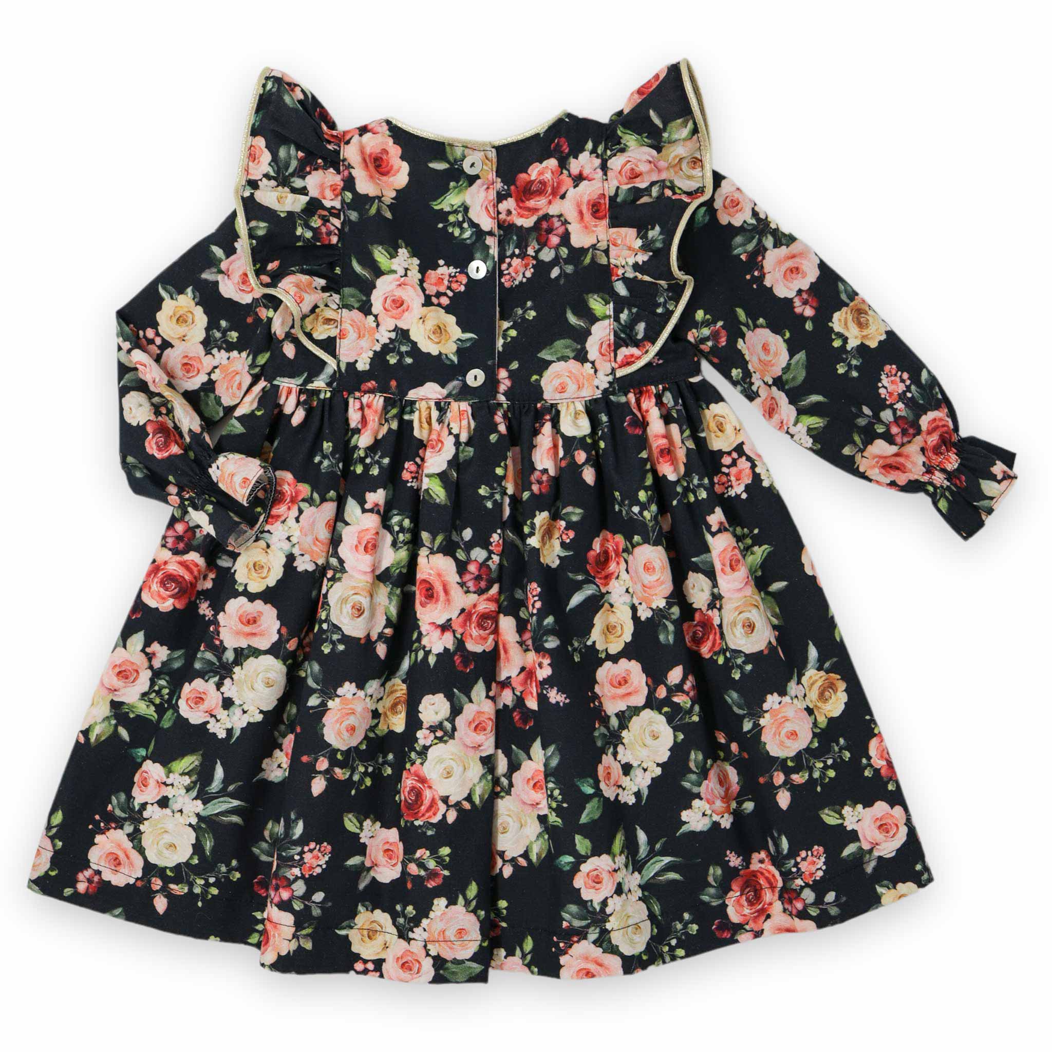 back of black floral girls dress