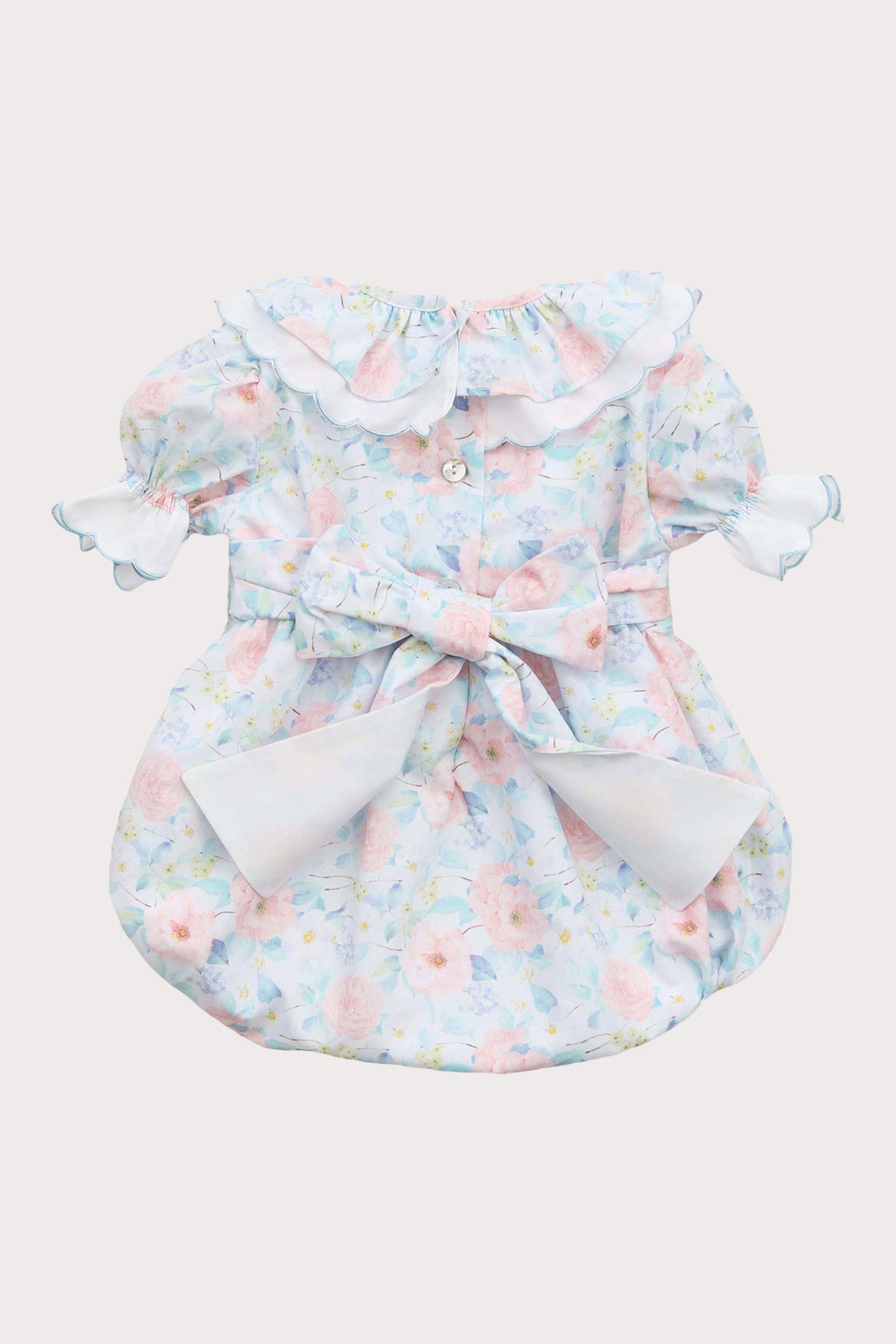 back of blue floral baby girl romper