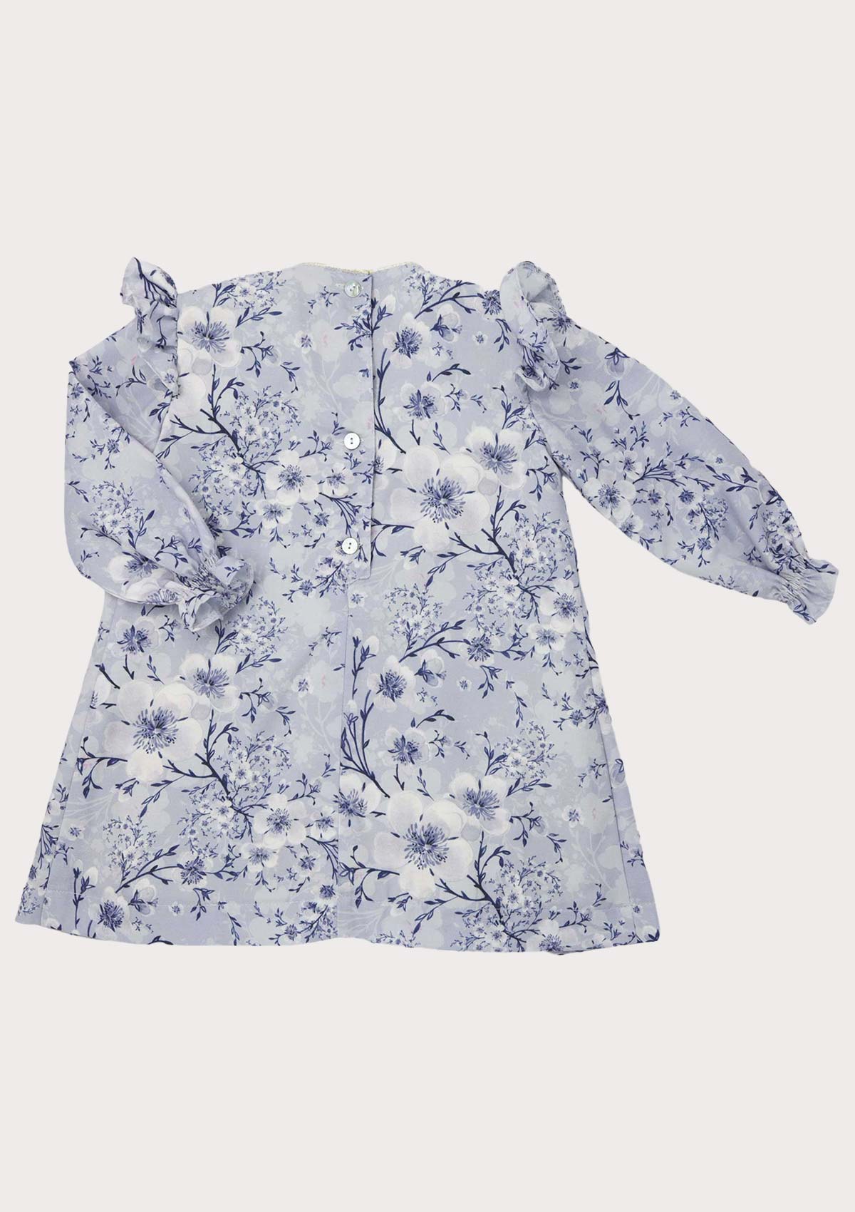 back of blue floral girls dress