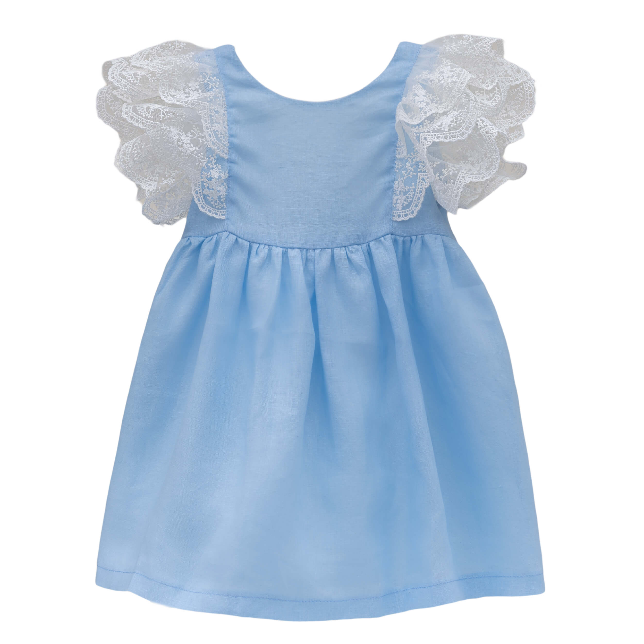 blue linen girls dress with ivory lace shoulders