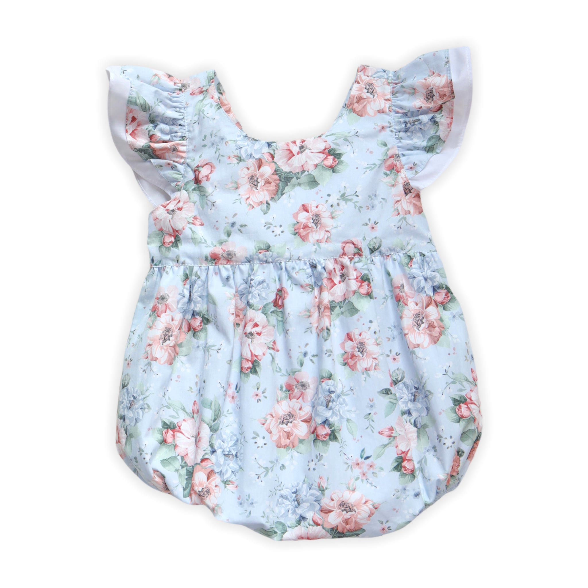 blue floral baby girl romper front