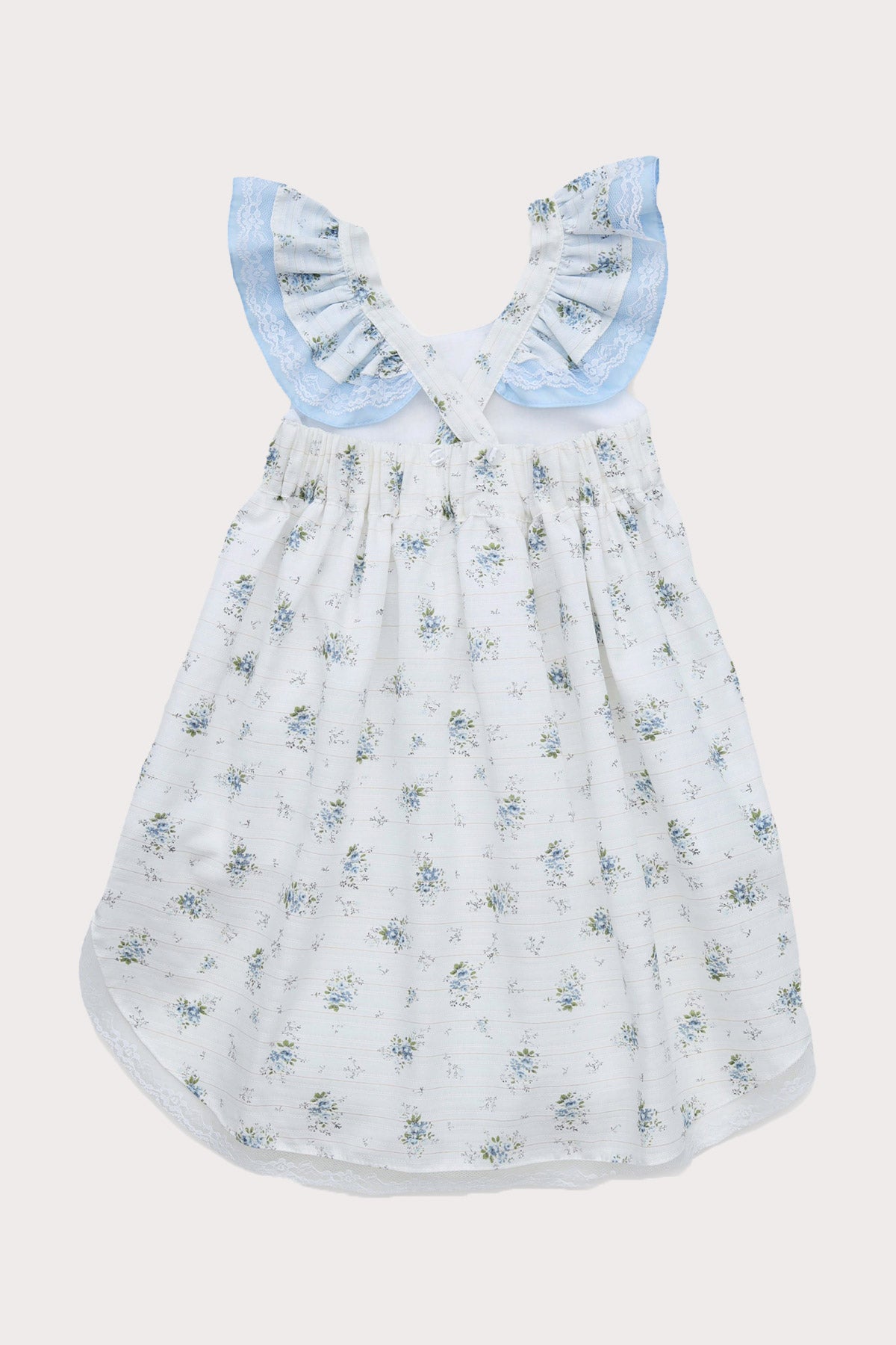 back of girls blue flutter shoulder boho dress