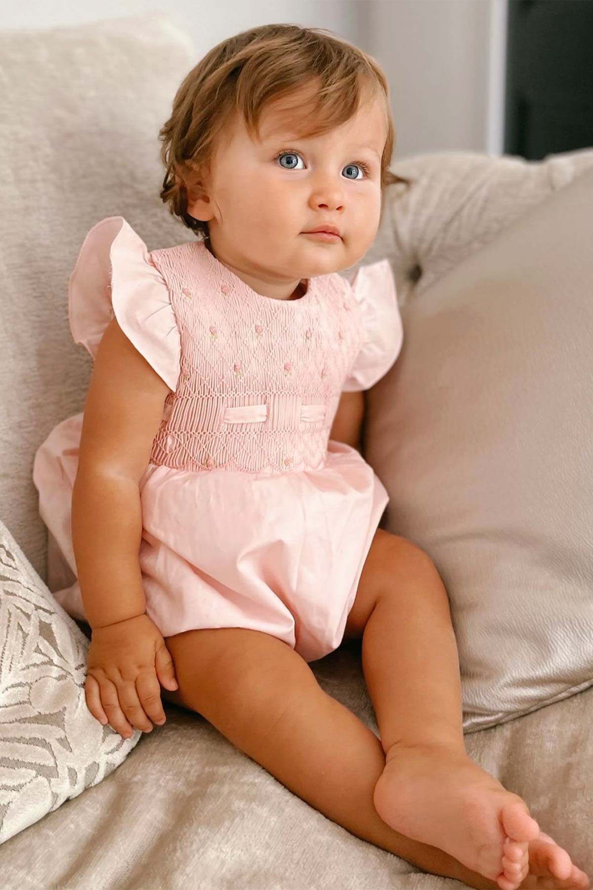 Classic Hand Smocked Romper - Powder Pink (12M)