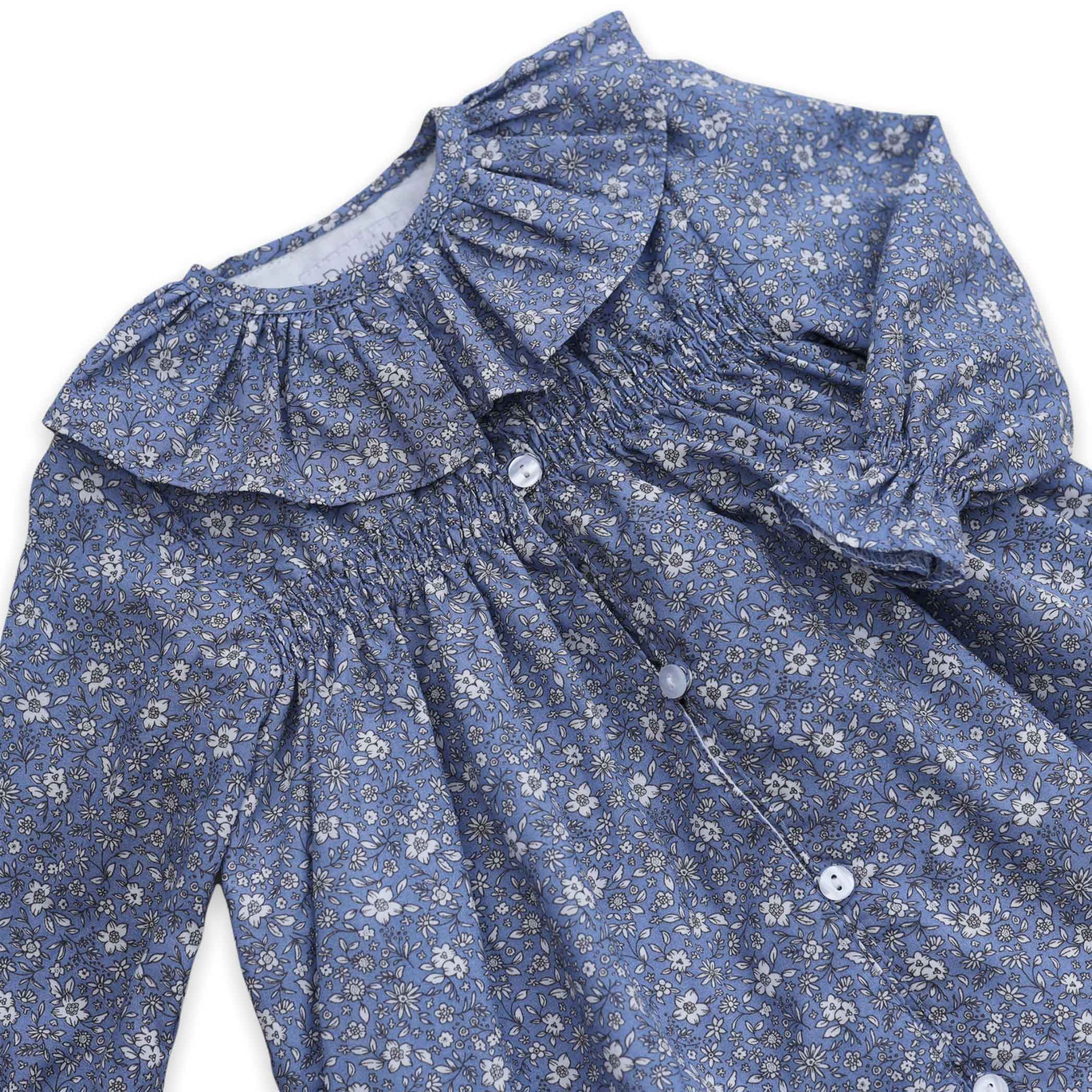 frill collar blue floral baby girl romper with smocking