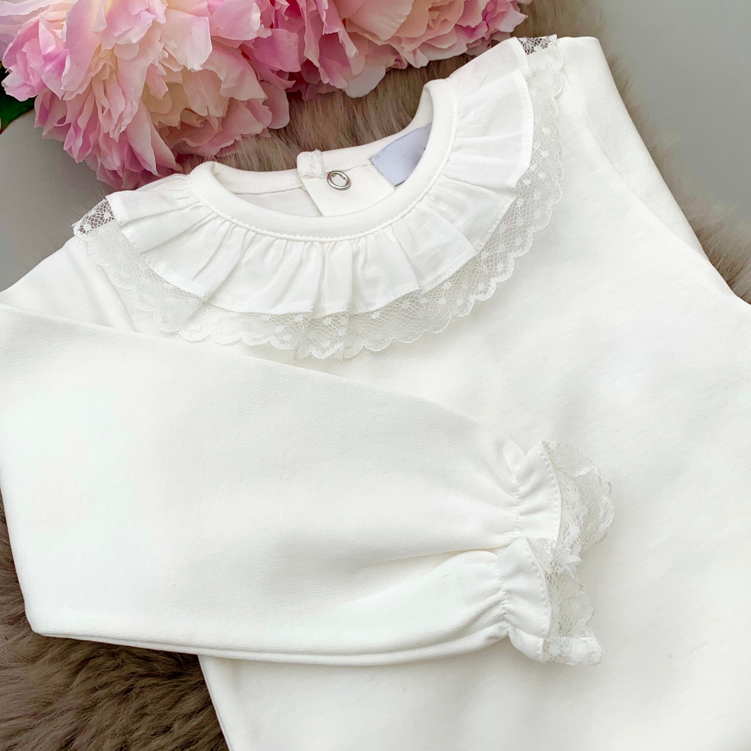 Portuguese lace edge frill collar bodysuit in ivory with long sleeves