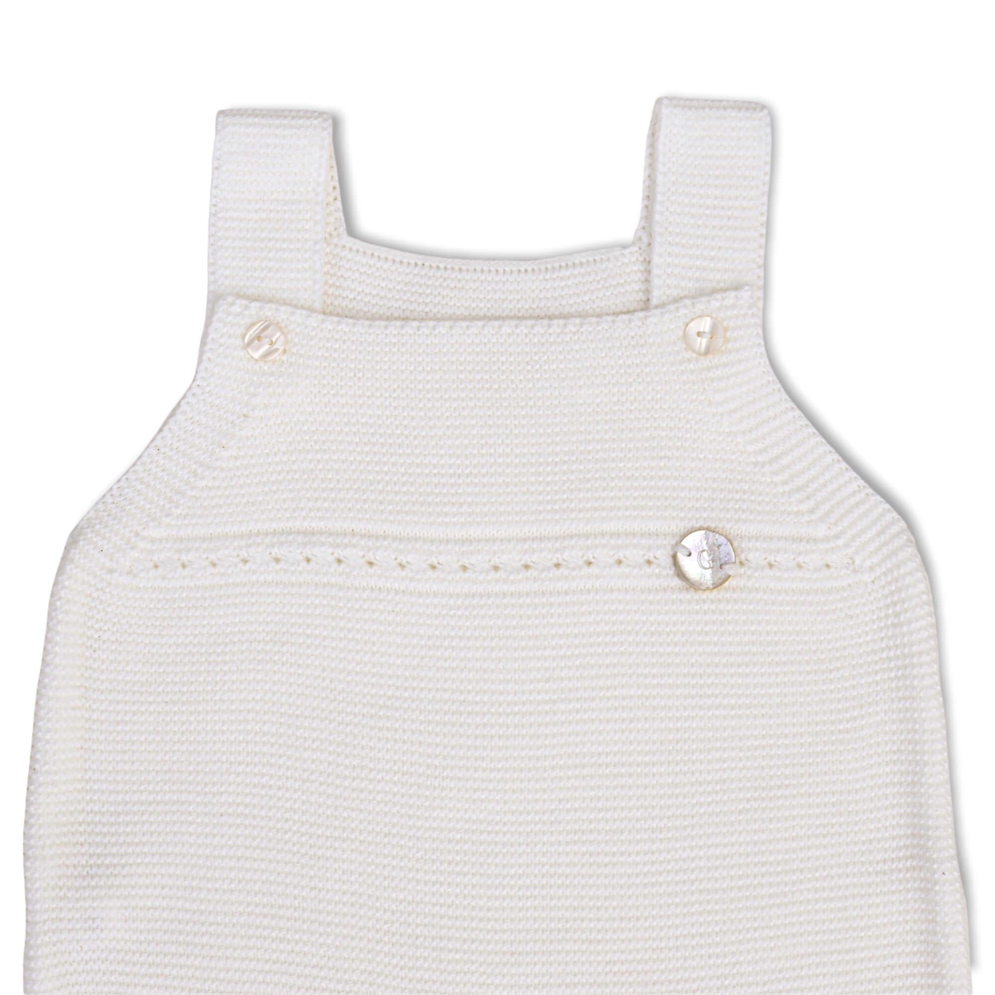 granlei knitted baby onesie close up ivory, made in Spain