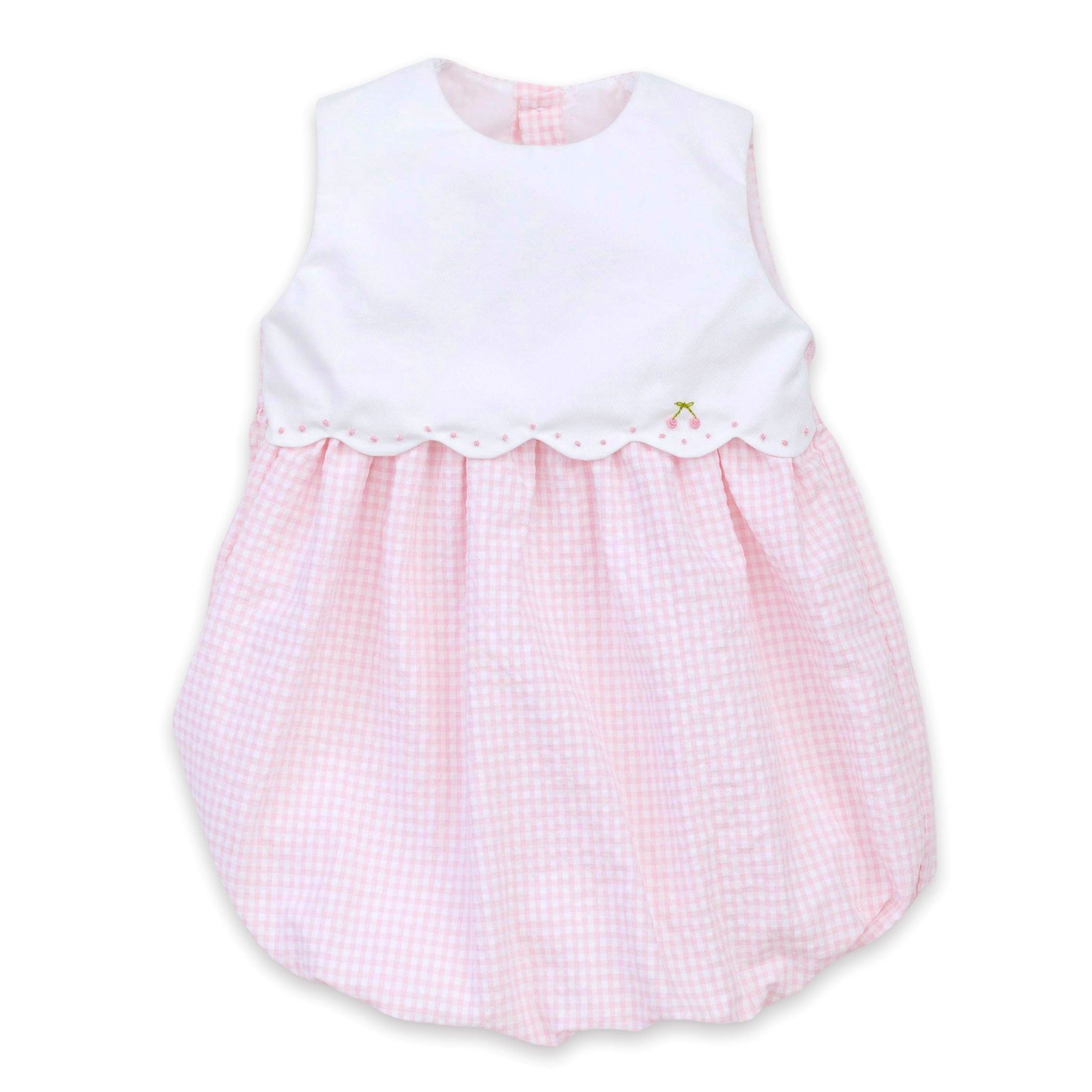 hand embroidered pink seersucker baby girl romper