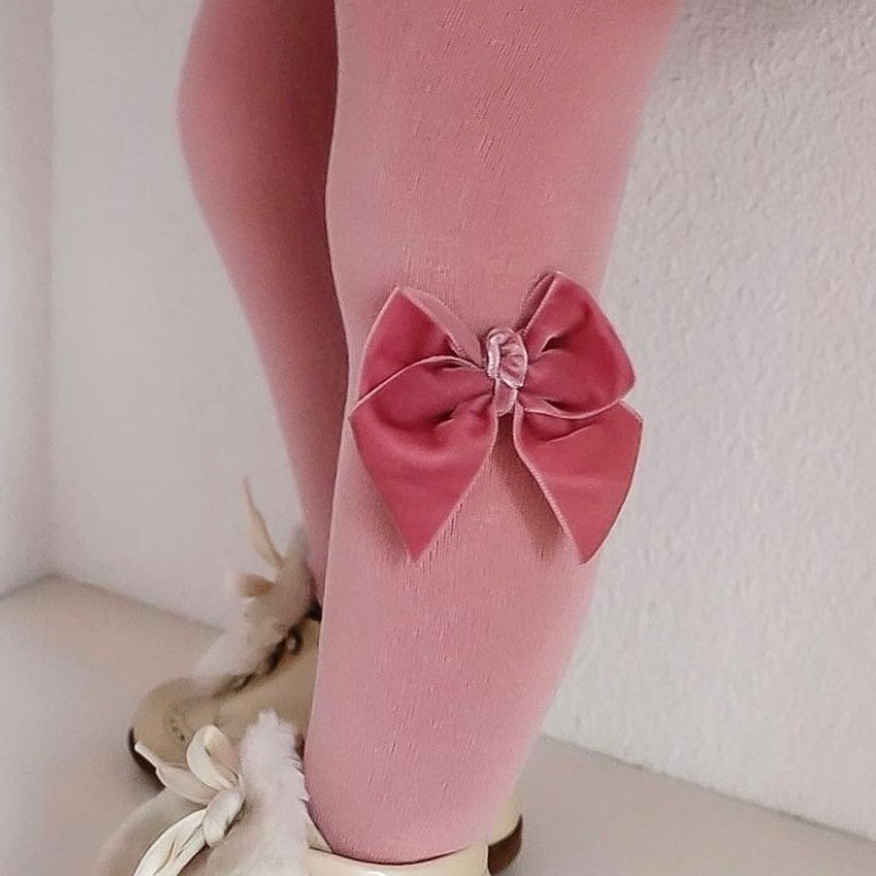 Velvet Bow Tights - Antique Rose