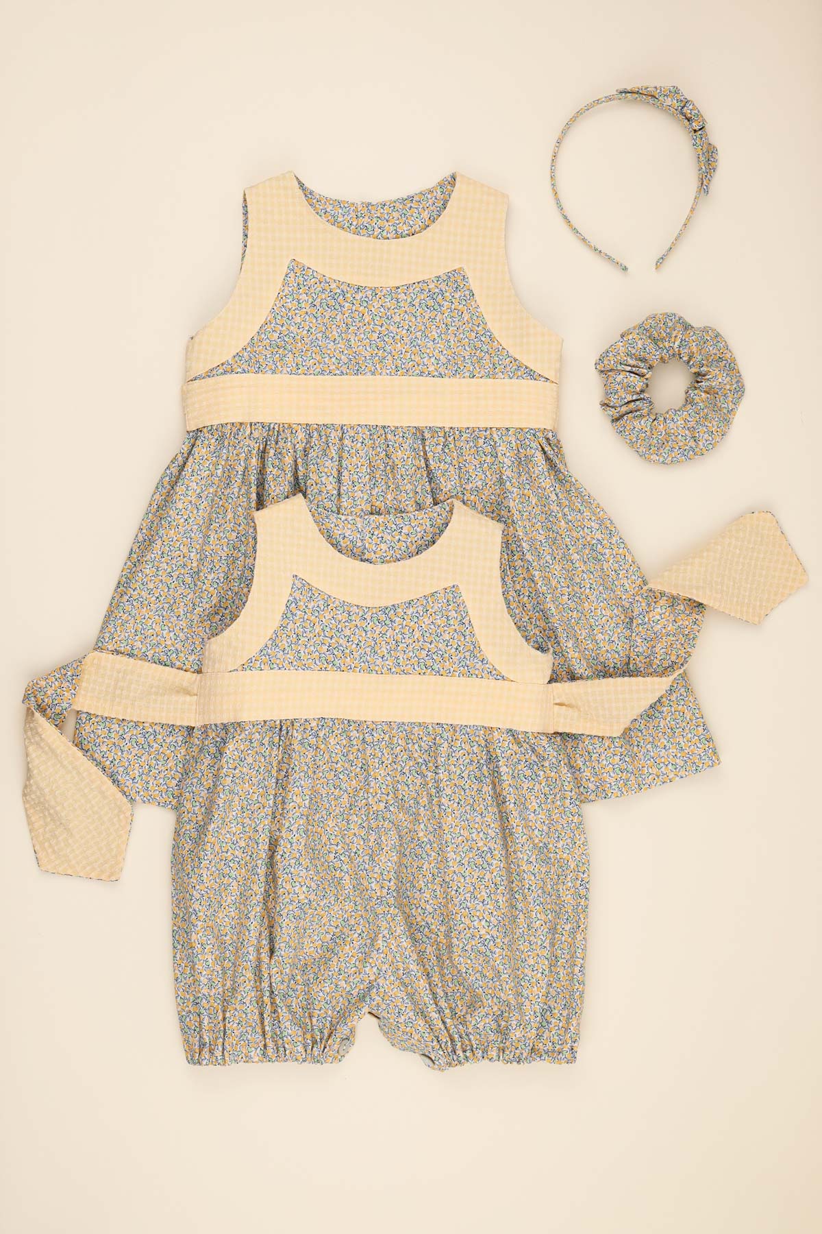 lemon ditsy print baby girl romper and matching dress