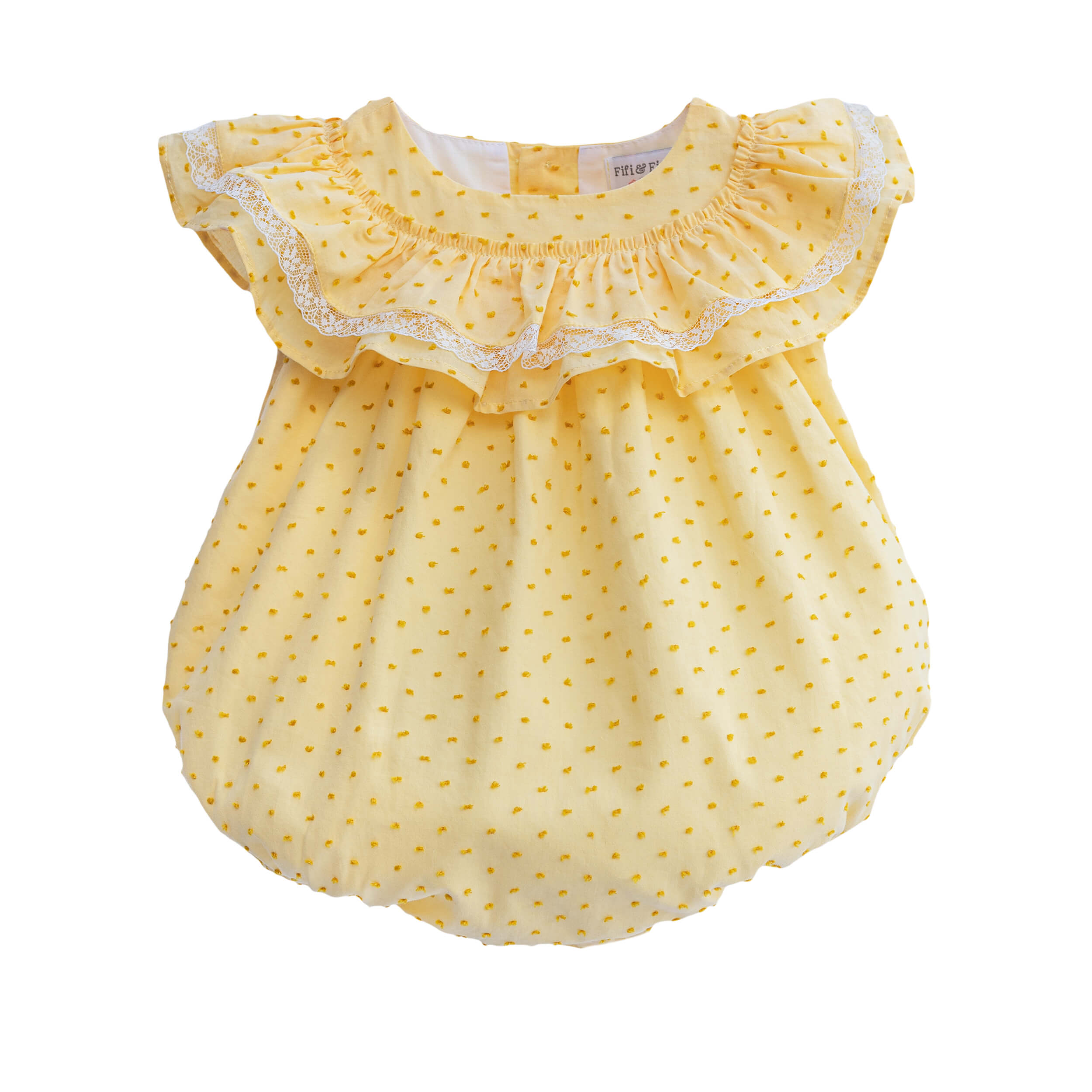 yellow plumeti baby romper with frill neck