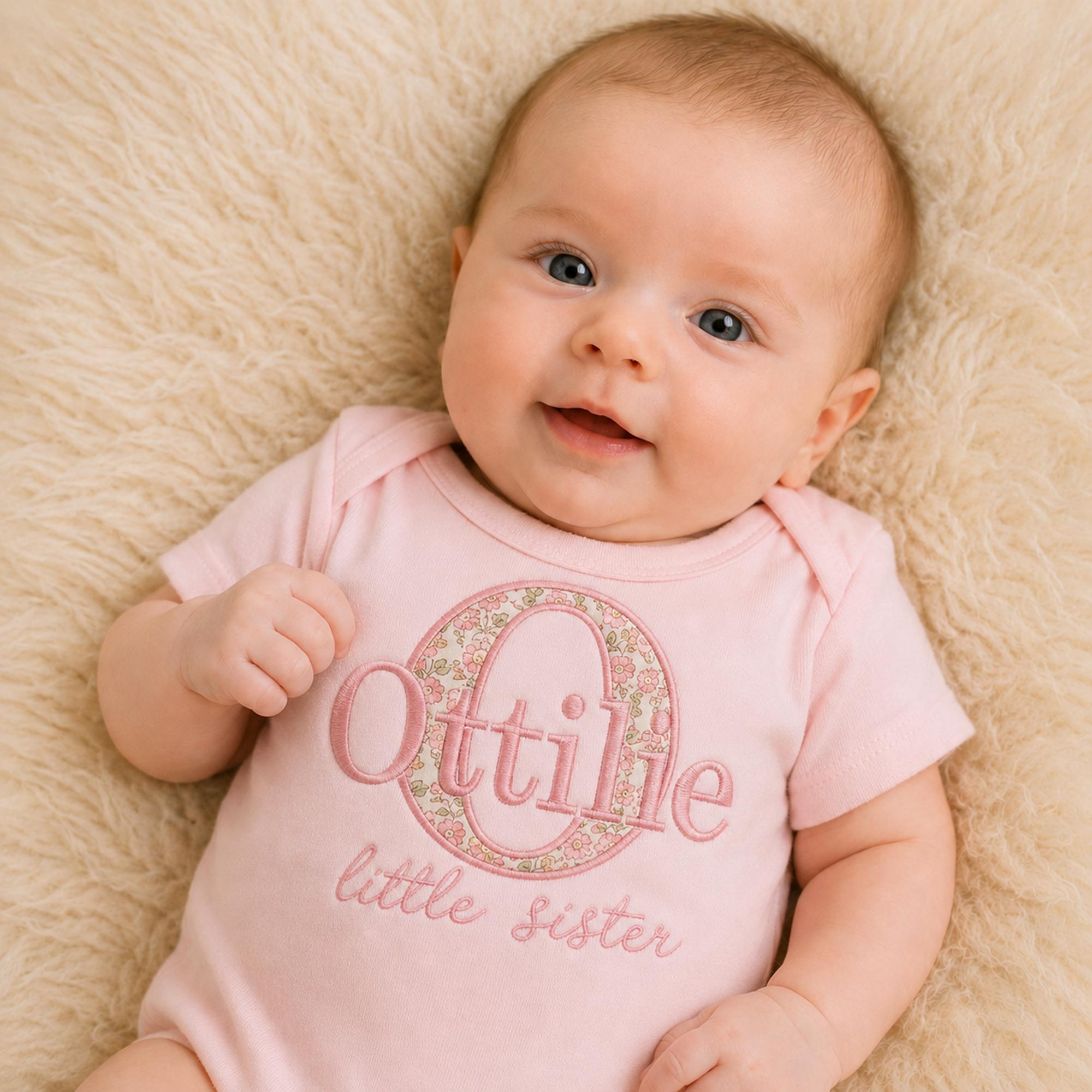 Personalised Little Sister Name Bodysuit | Liberty Fabric Initial Design