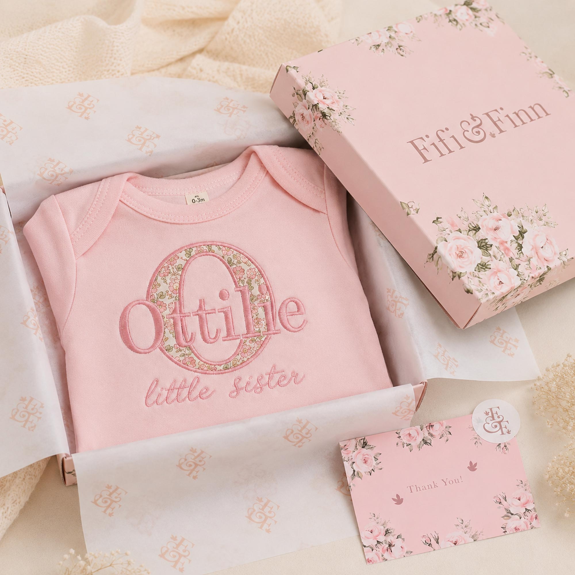 Personalised Little Sister Name Bodysuit | Liberty Fabric Initial Design
