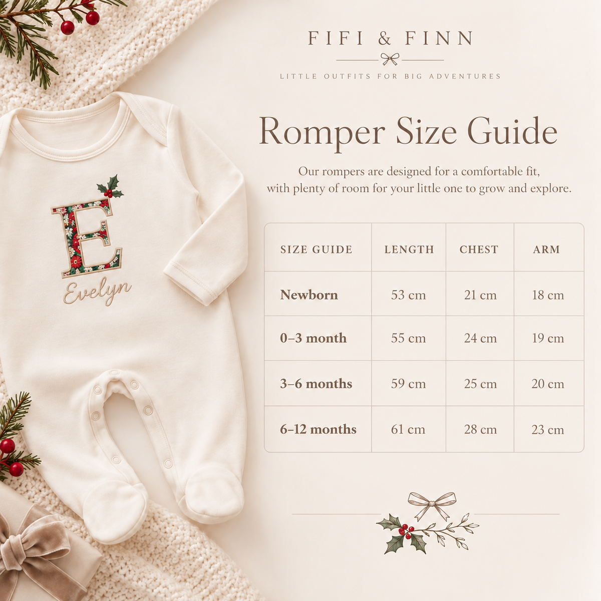 Fifi & Finn romper size guide showing length, chest and arm measurements from newborn to 6–12 months