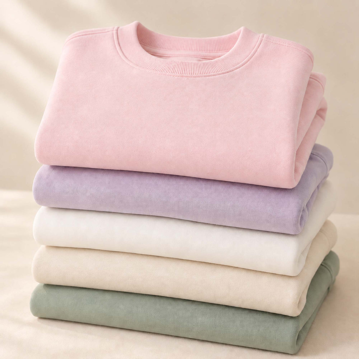Folded stack of personalised sweatshirts in white, pink, oat, lilac and sage