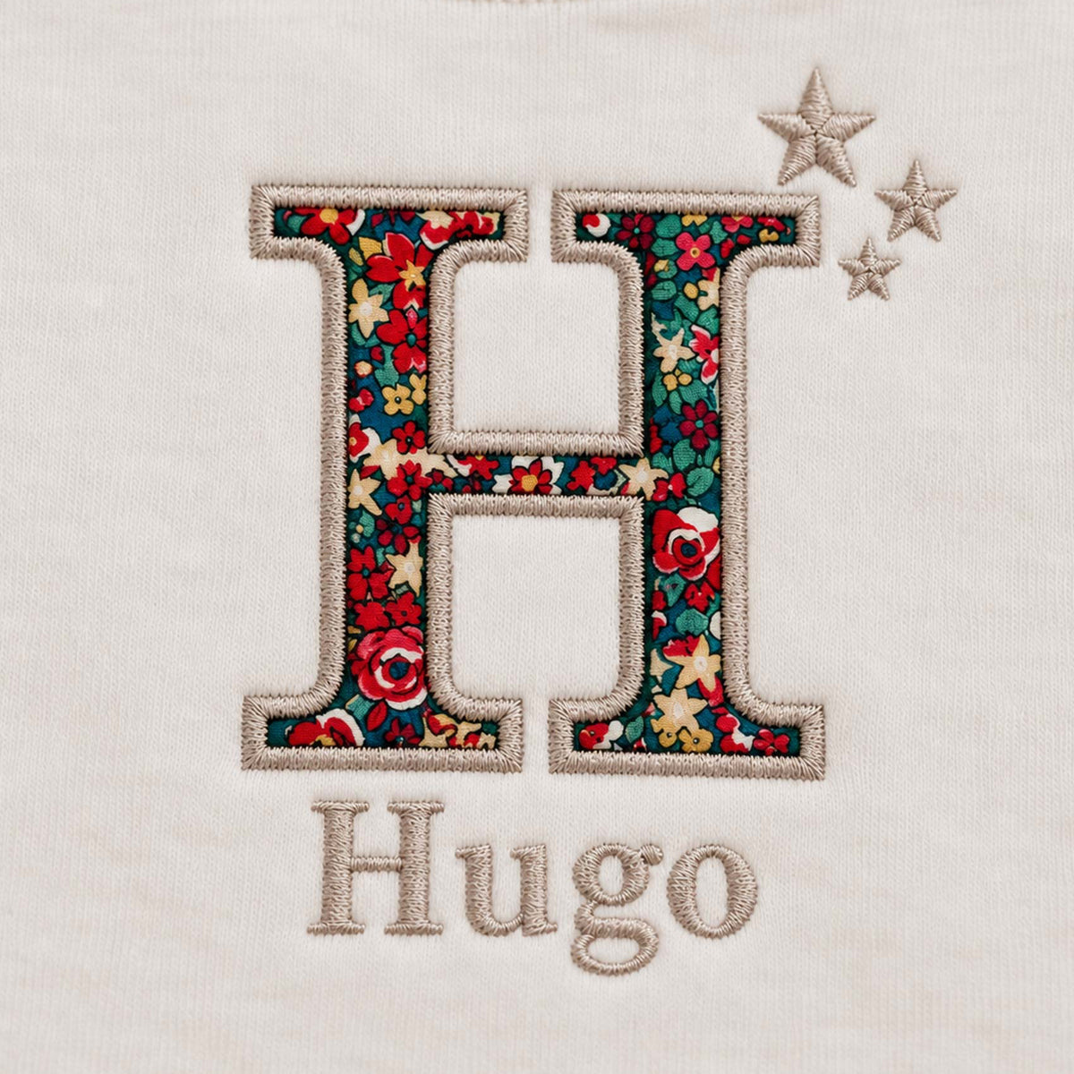 Close-up of Liberty fabric initial H with three embroidered stars and baby's name in standard lettering