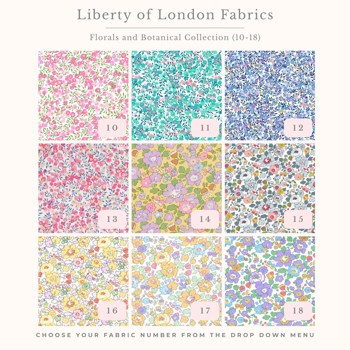 Liberty fabric print options 10 to 18 for personalised appliqué
