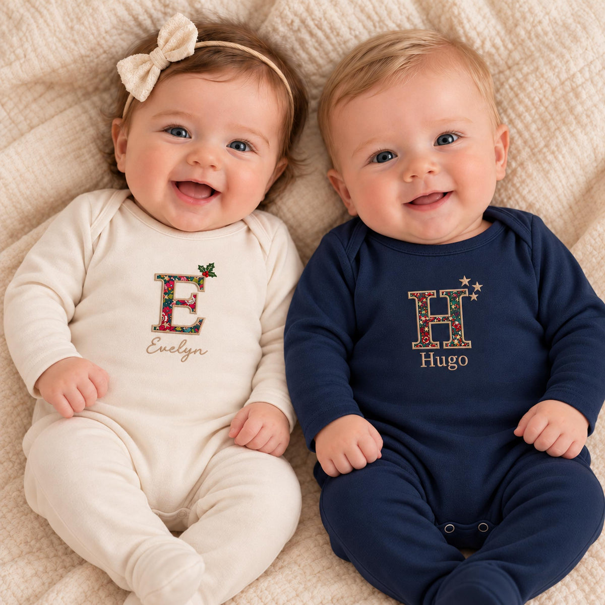 Oat and navy personalised Christmas baby rompers with Liberty fabric initials and embroidered names