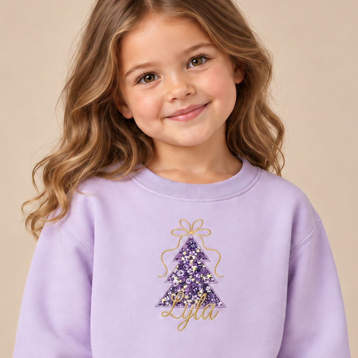 Girl wearing lilac personalised Liberty Christmas tree jumper with gold bow and embroidered name.