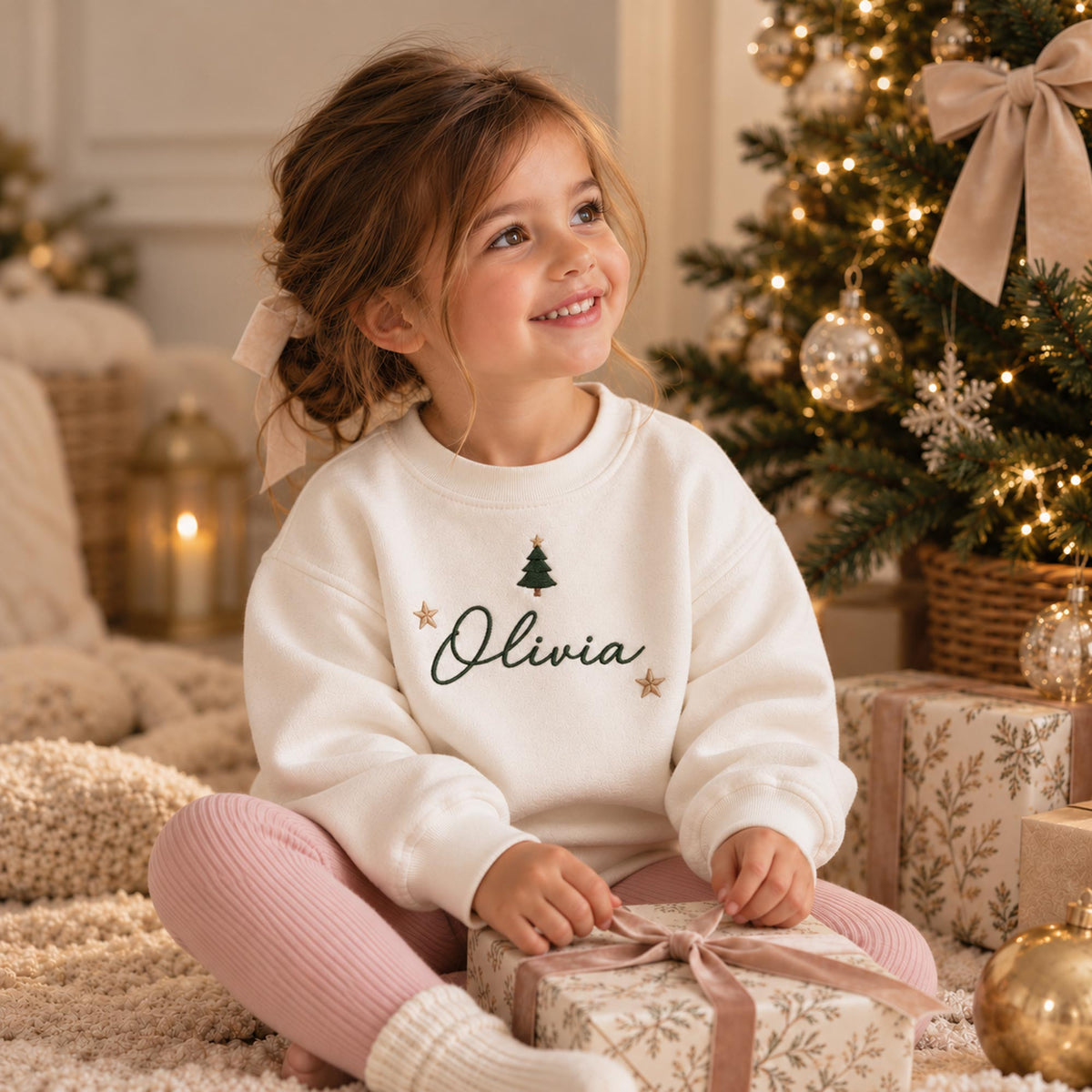 Personalised Mini Christmas Tree Jumper – Embroidered Name & Stars