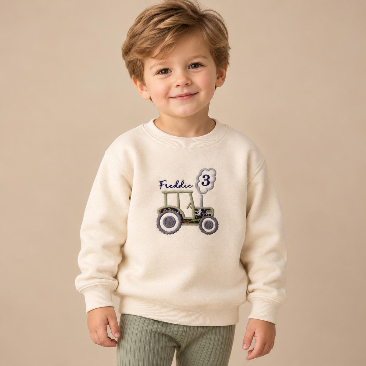 Personalised Tractor Birthday Jumper – Liberty Fabric Appliqué