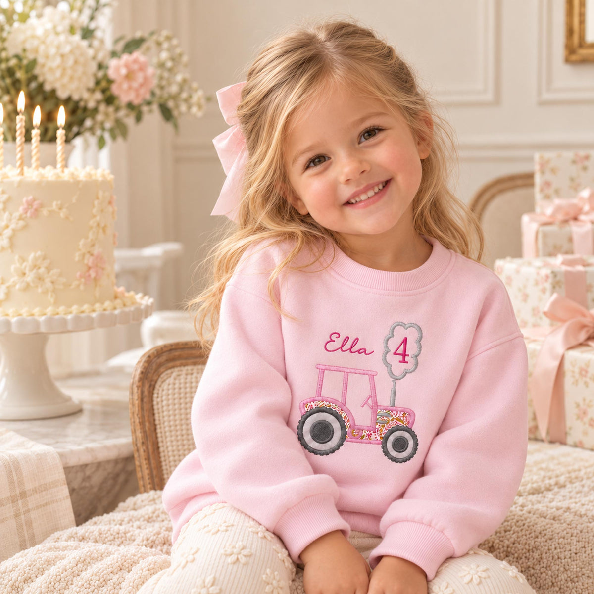 Personalised Tractor Birthday Jumper – Liberty Fabric Appliqué