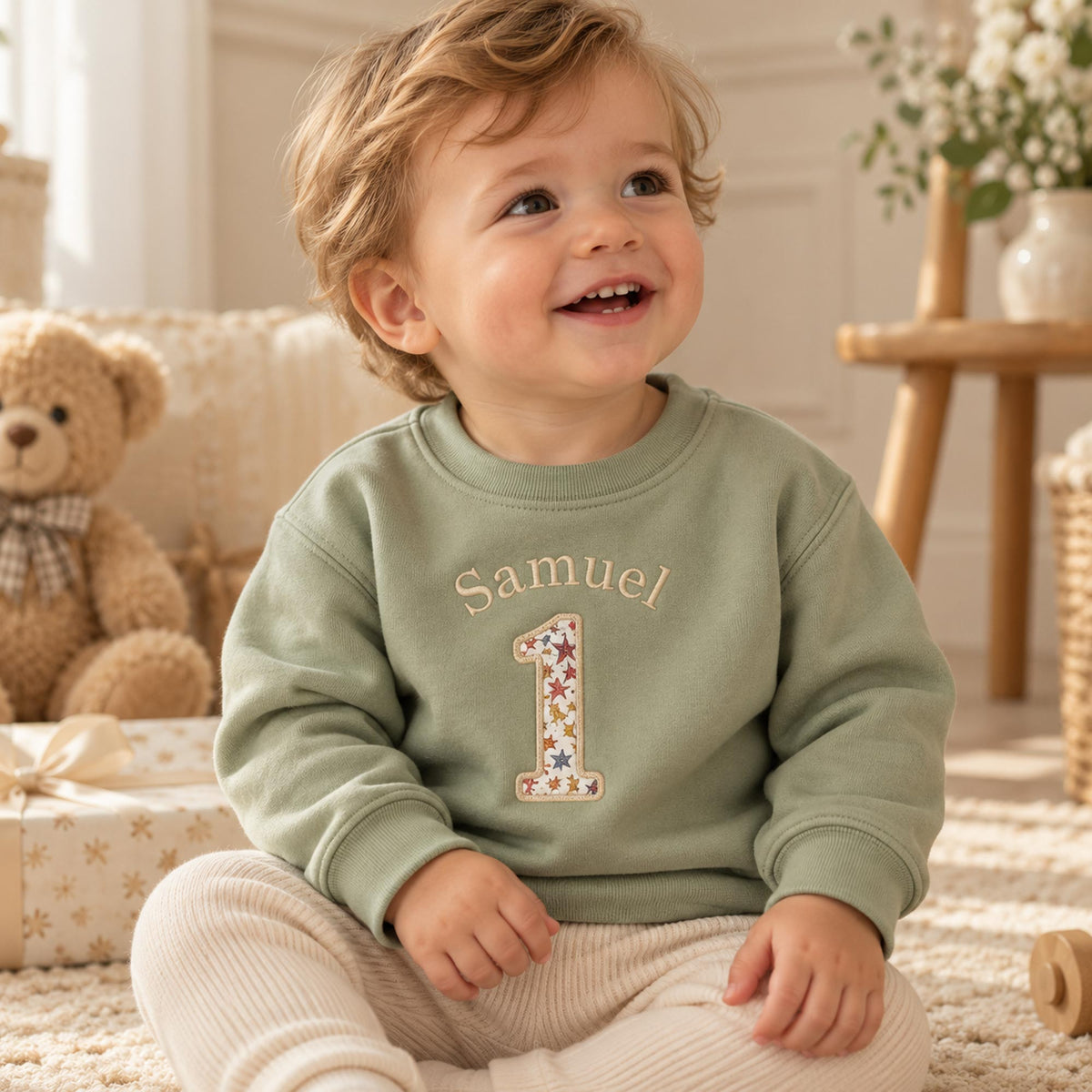 Personalised Liberty First Birthday Jumper – Name Above Number