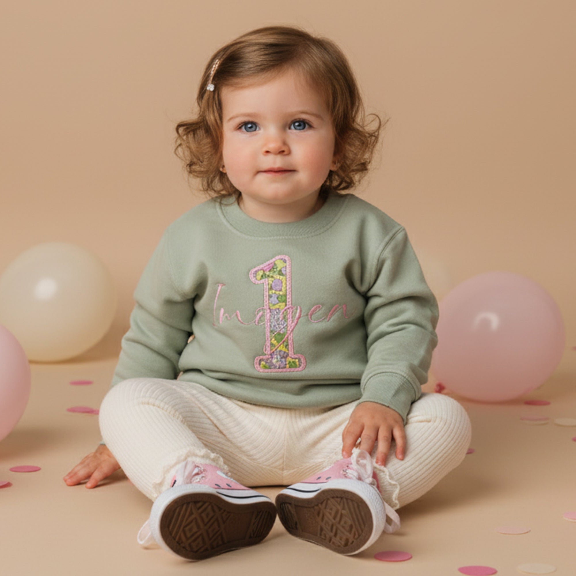 Personalised 1st Birthday Sweatshirt – Liberty London Appliqué Name Jumper | Baby First Birthday Outfit | Fifi & Finn