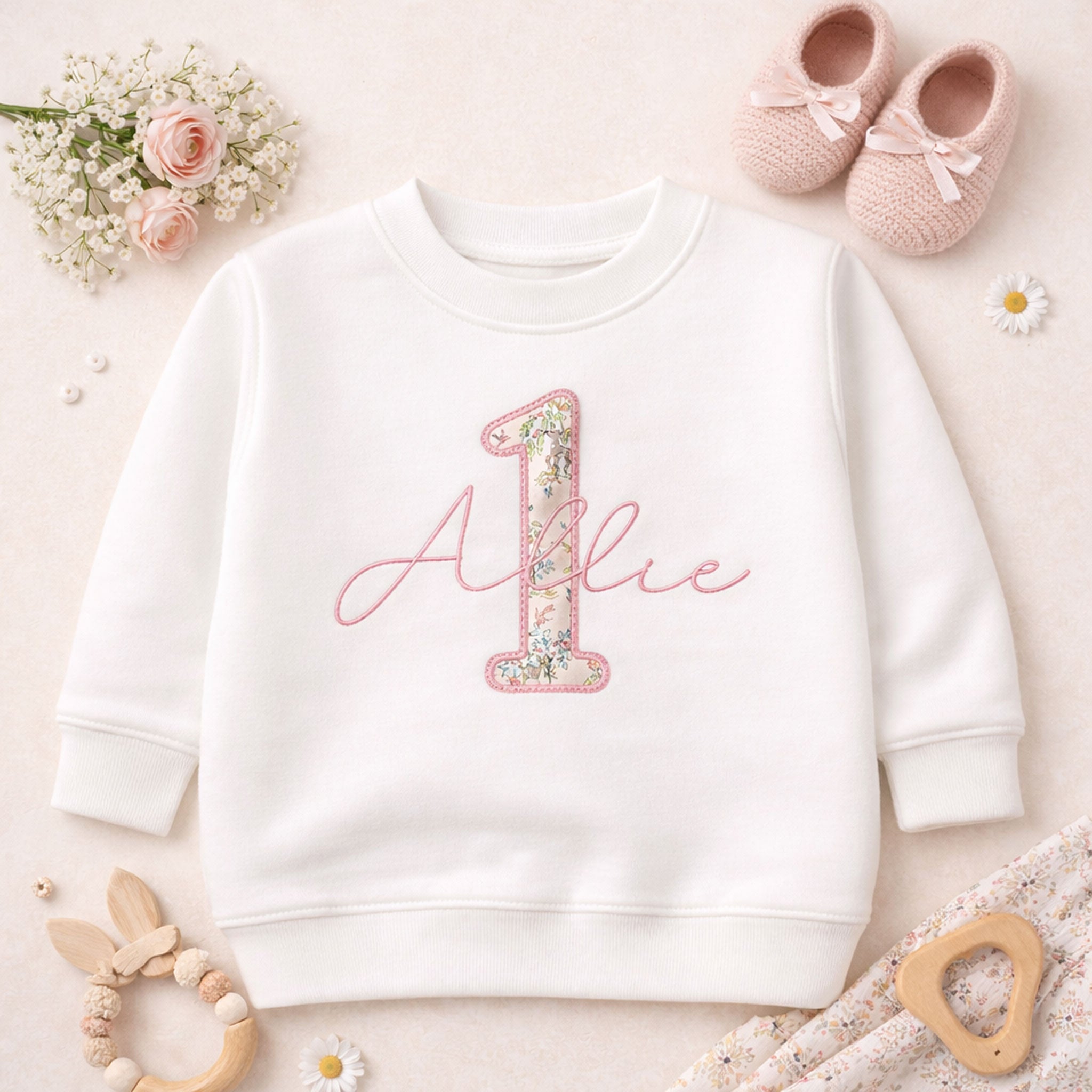 Personalised 1st Birthday Sweatshirt – Liberty London Appliqué Name Jumper | Baby First Birthday Outfit | Fifi & Finn